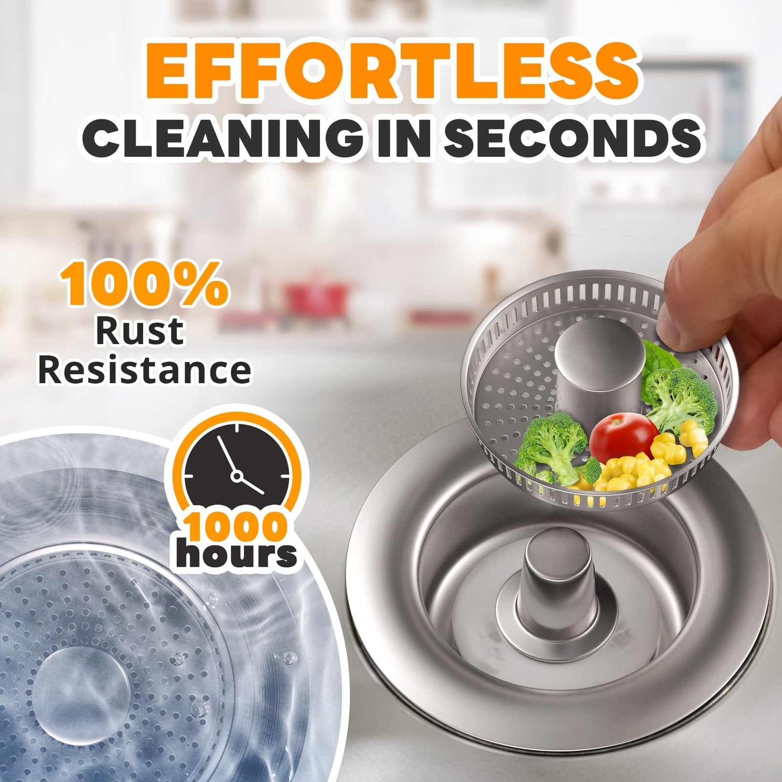 3 in 1 Kitchen Sink Drain Strainer – Easy to Clean, Durable, Fits Most Sin
