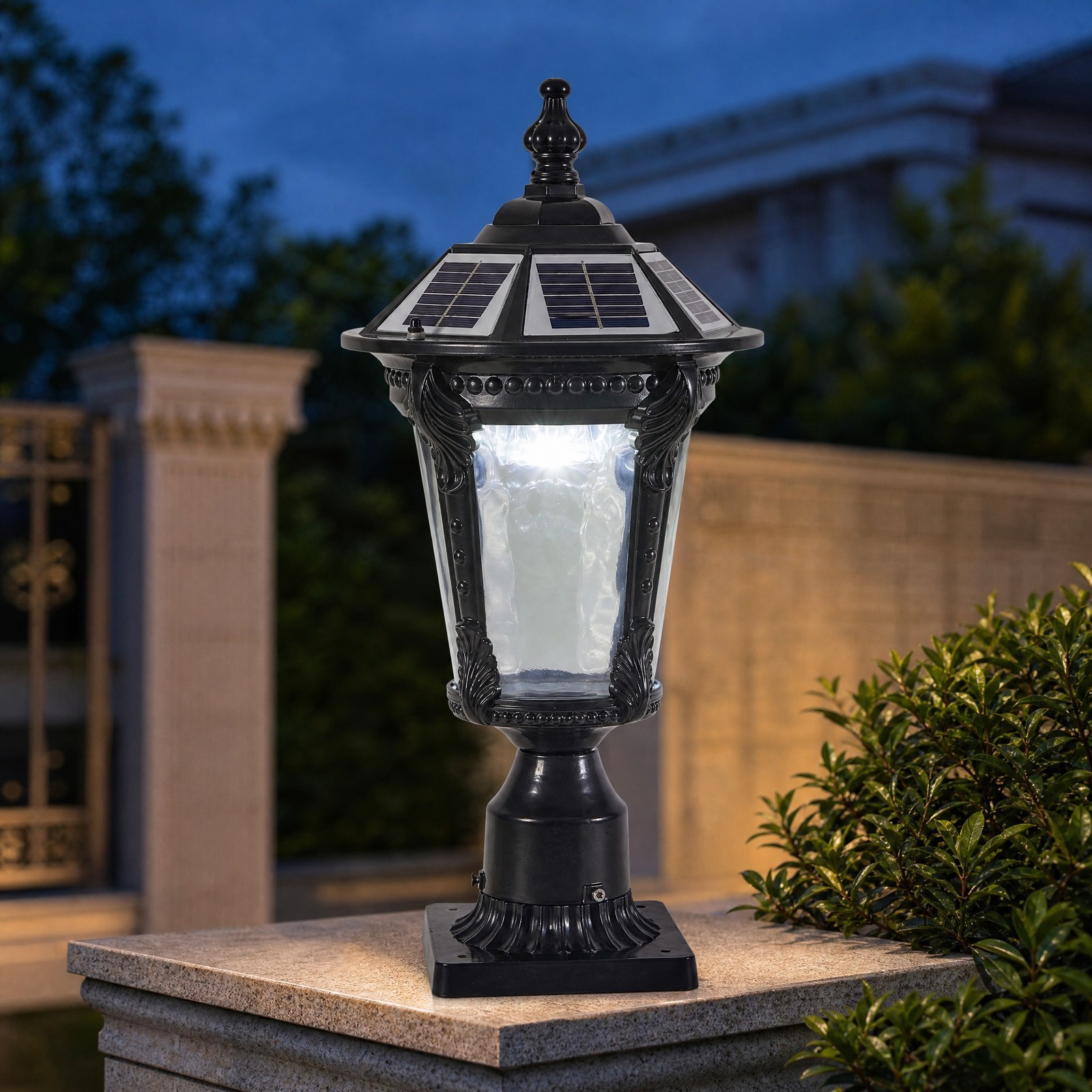 19” Solar Lamp Post Light Outdoor Black Pillar Dusk To Dawn With Remote Control