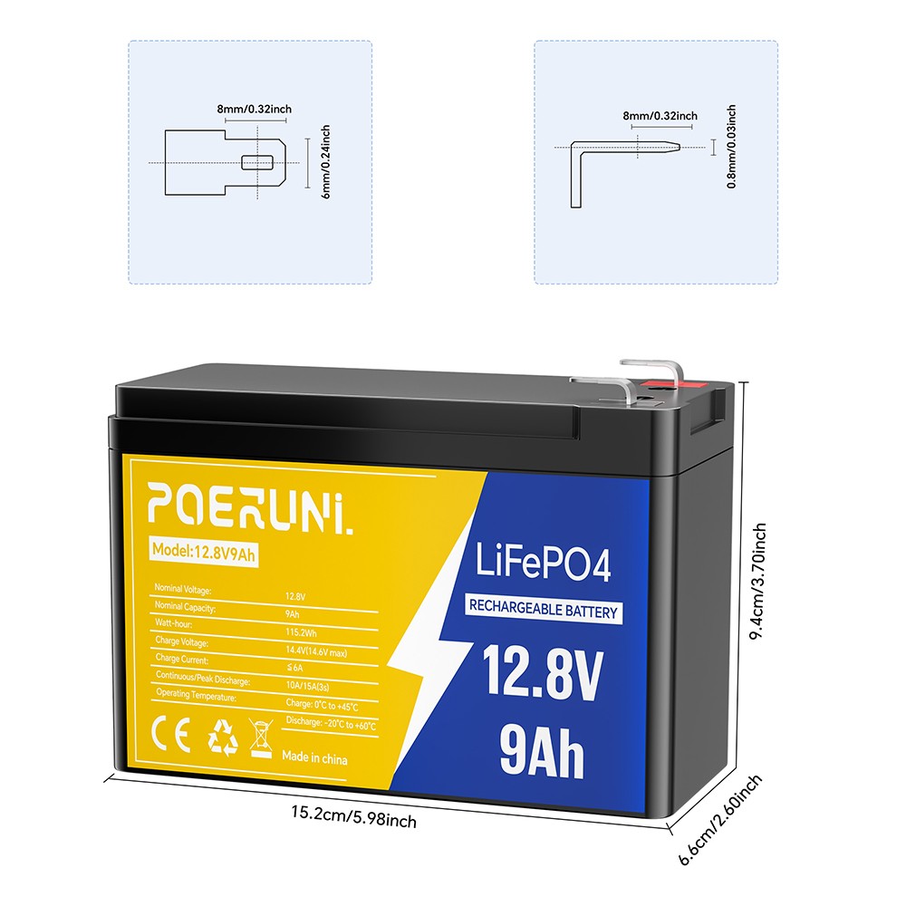 12V 9Ah LiFePO4 Lithium Battery Built-in BMS Deep 5000+ Cycle For Solar Power RV