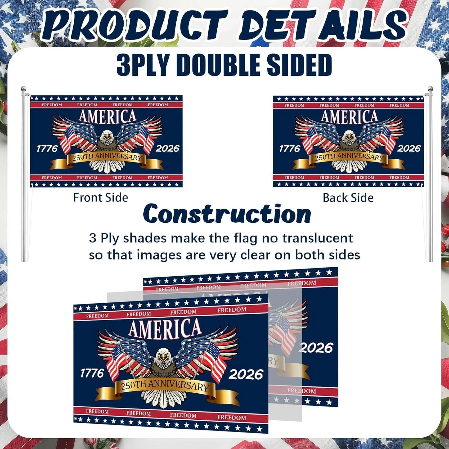 3 Ply 250 Years America Flag – Double Sided Patriotic Eagle 3 X 5 Ft Anniversary