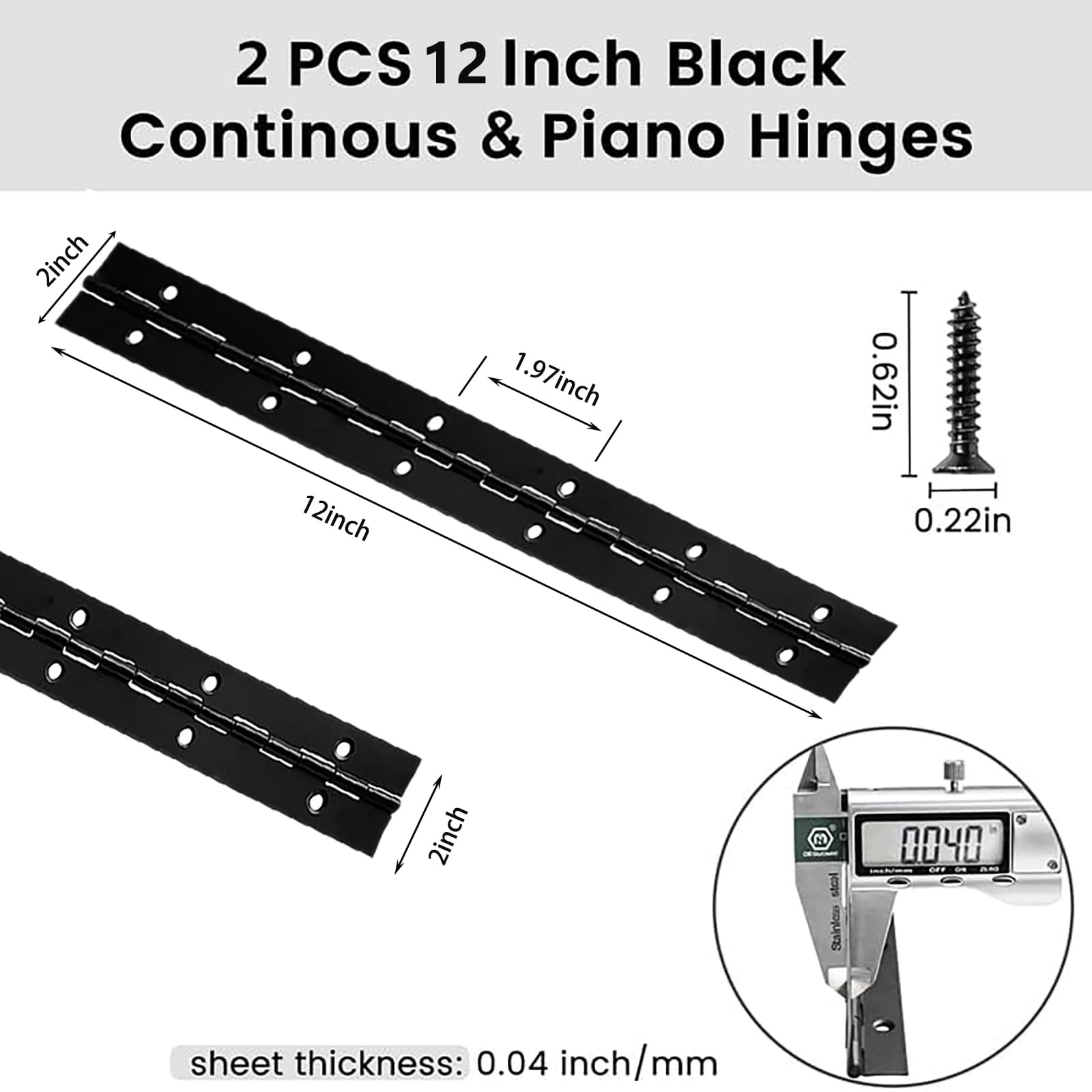 Black Stainless Steel Piano Continuous Hinges 0.04 Thick 12×2 Inch 2 PCS