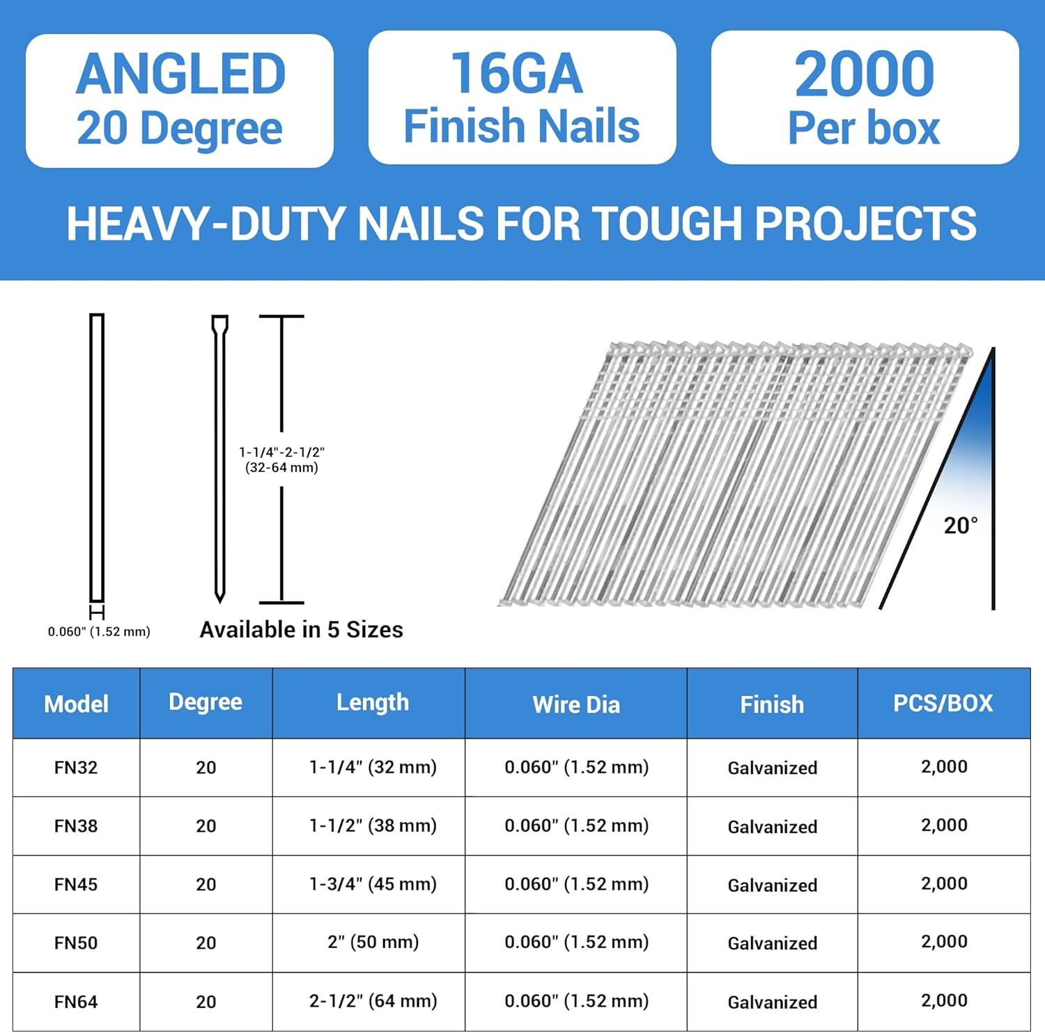 2,000 Counts 16 Gauge Angled Finish Nails 2-1/2-Inch Length 20-Degree Galvanized