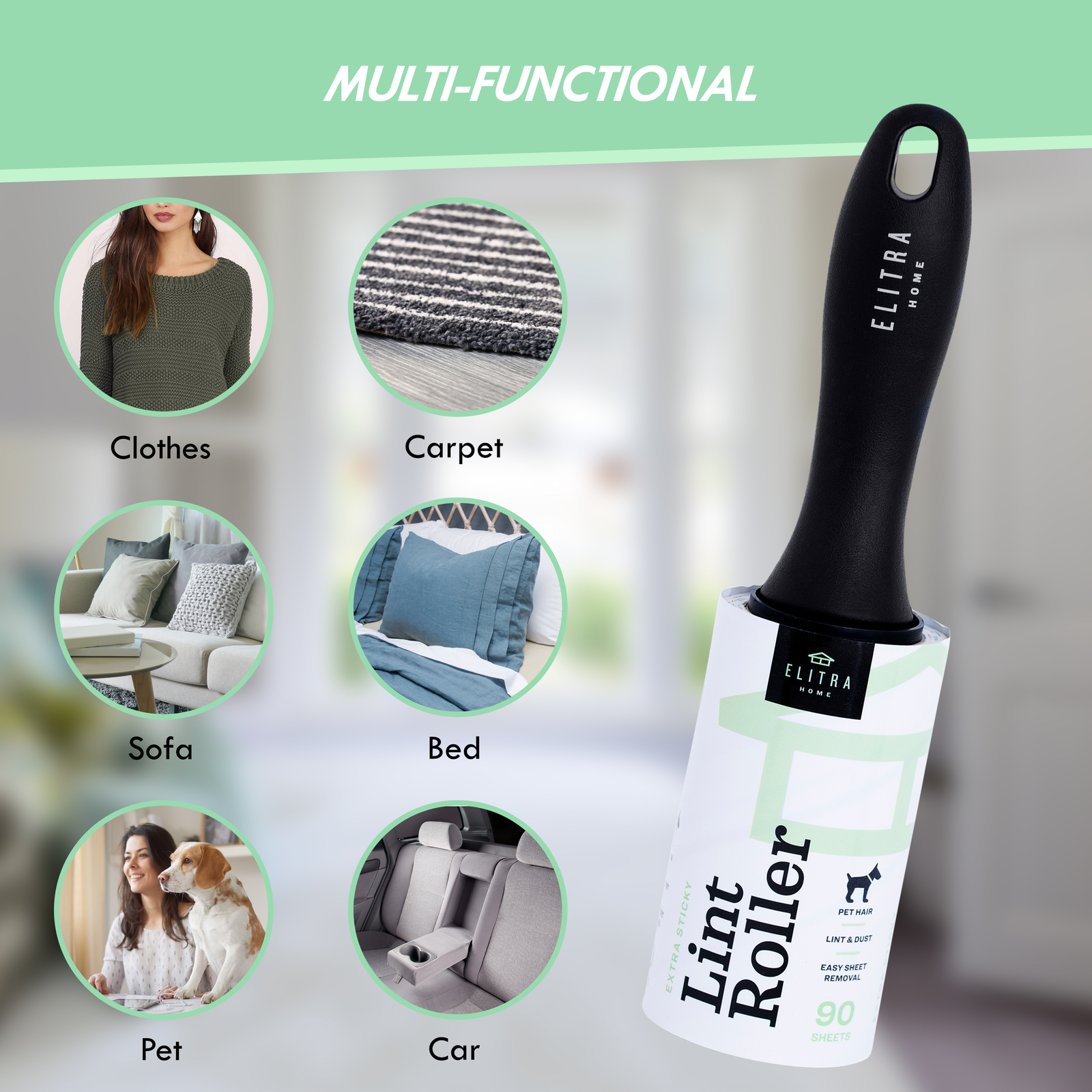 Elitra Extra Sticky Lint Roller Lightweight Handle + 4 Refill Packs (450 Sheets)