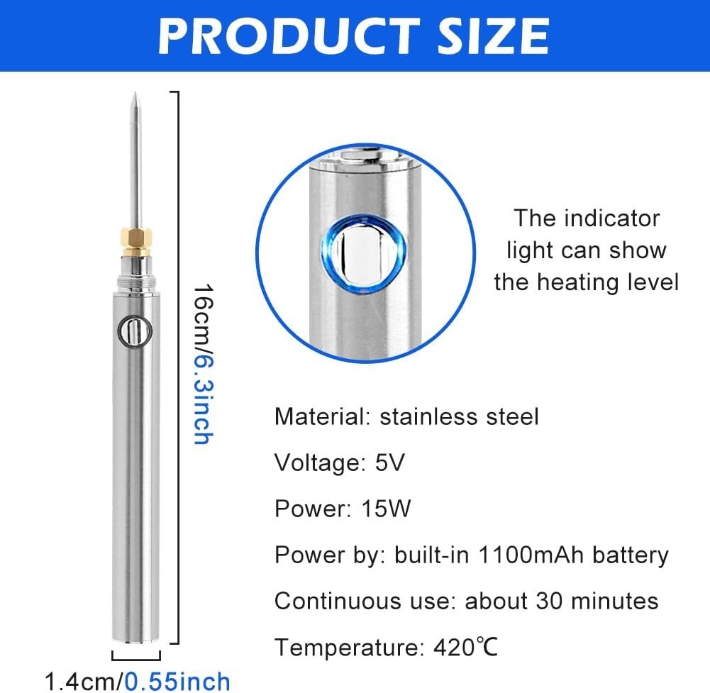 USB Rechargeable Portable Soldering Iron Kit, 1100mah 5V 15W Rapid Heat 788°F…