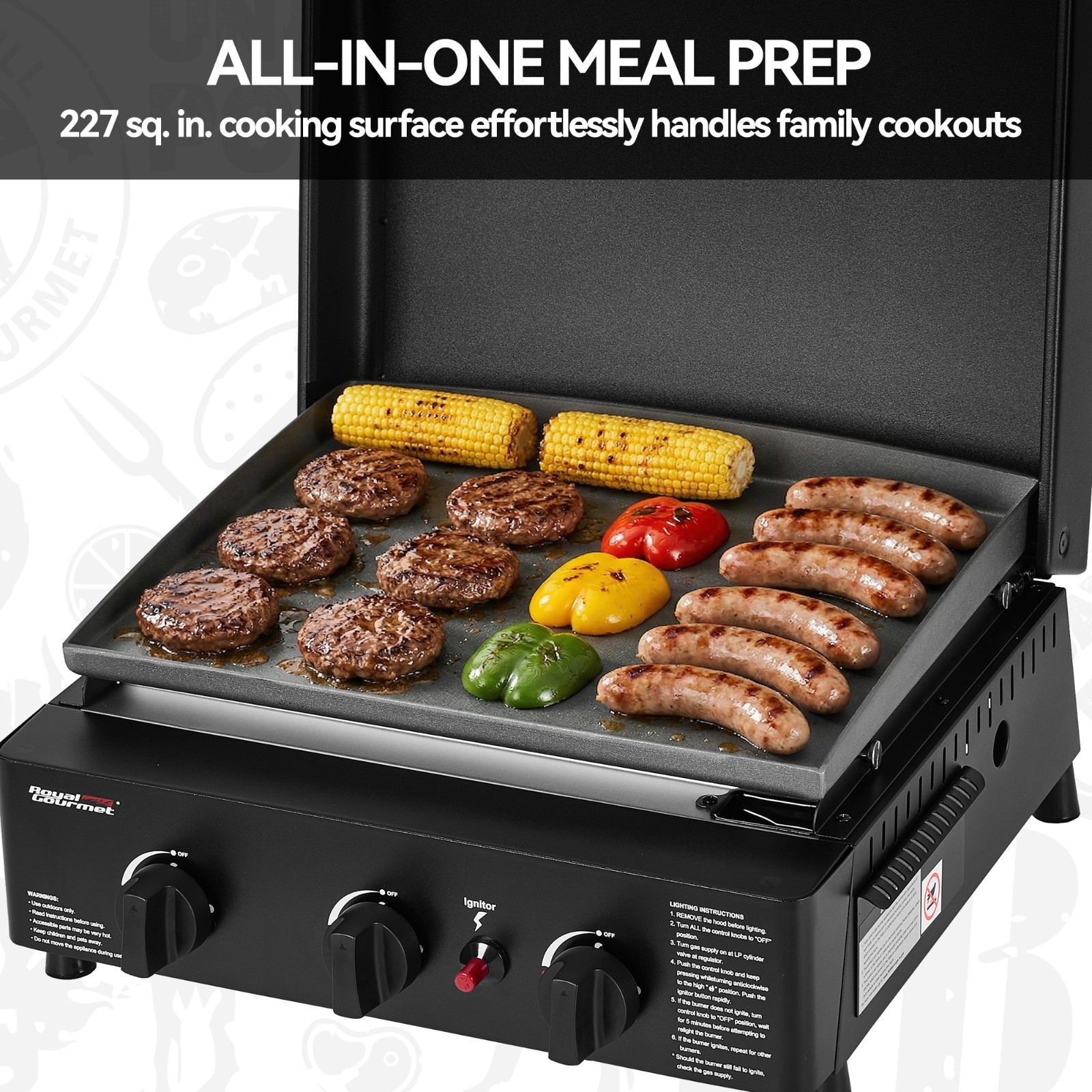 Royal Gourmet Portable 3-Burner Propane Griddle with Hood for Outdoor Cooking