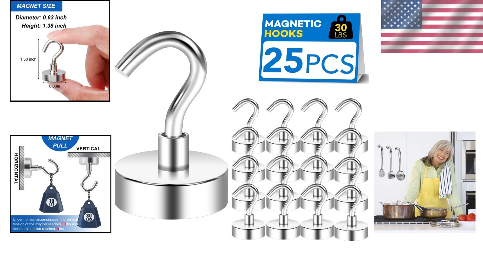 All-Purpose Magnetic Hooks, 30lbs Capacity – 25 Pack for Indoor & Outdoor Use
