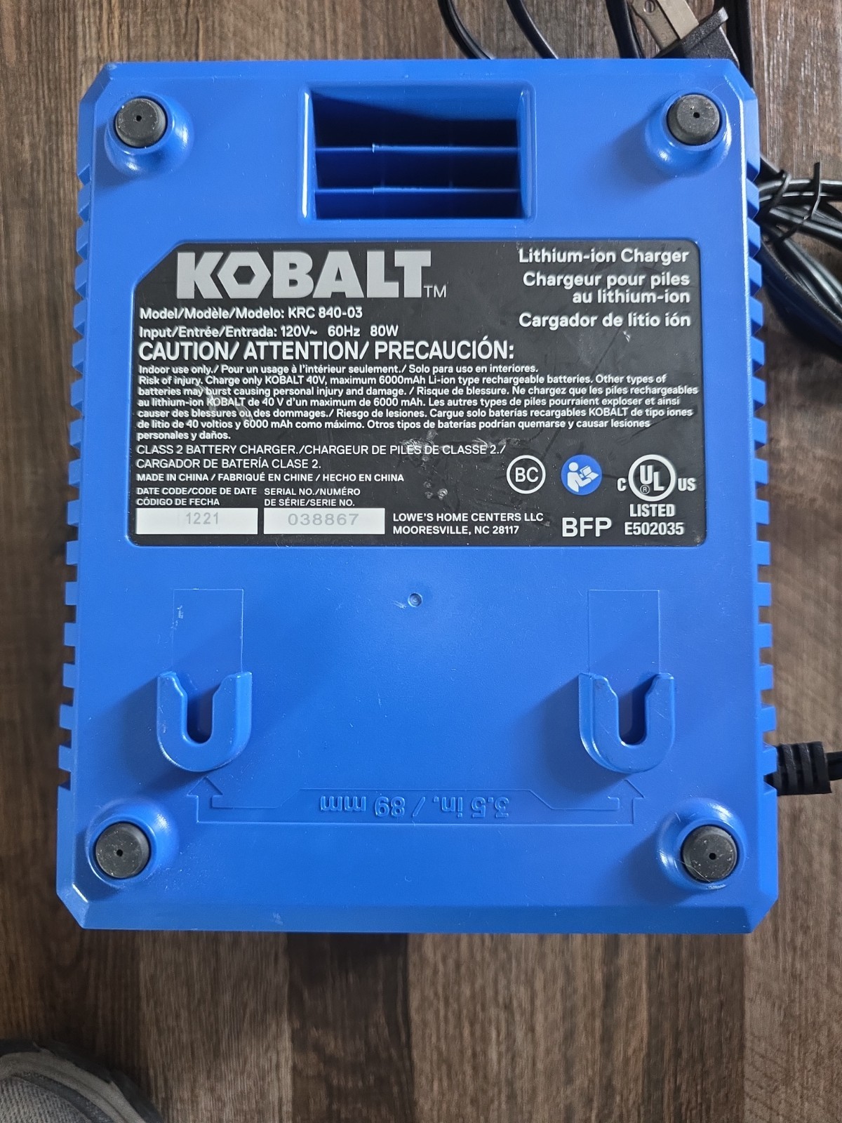 Kobalt 40 Volt MAX Lithium-Ion Battery Charger KRC 840-03 Charger Only