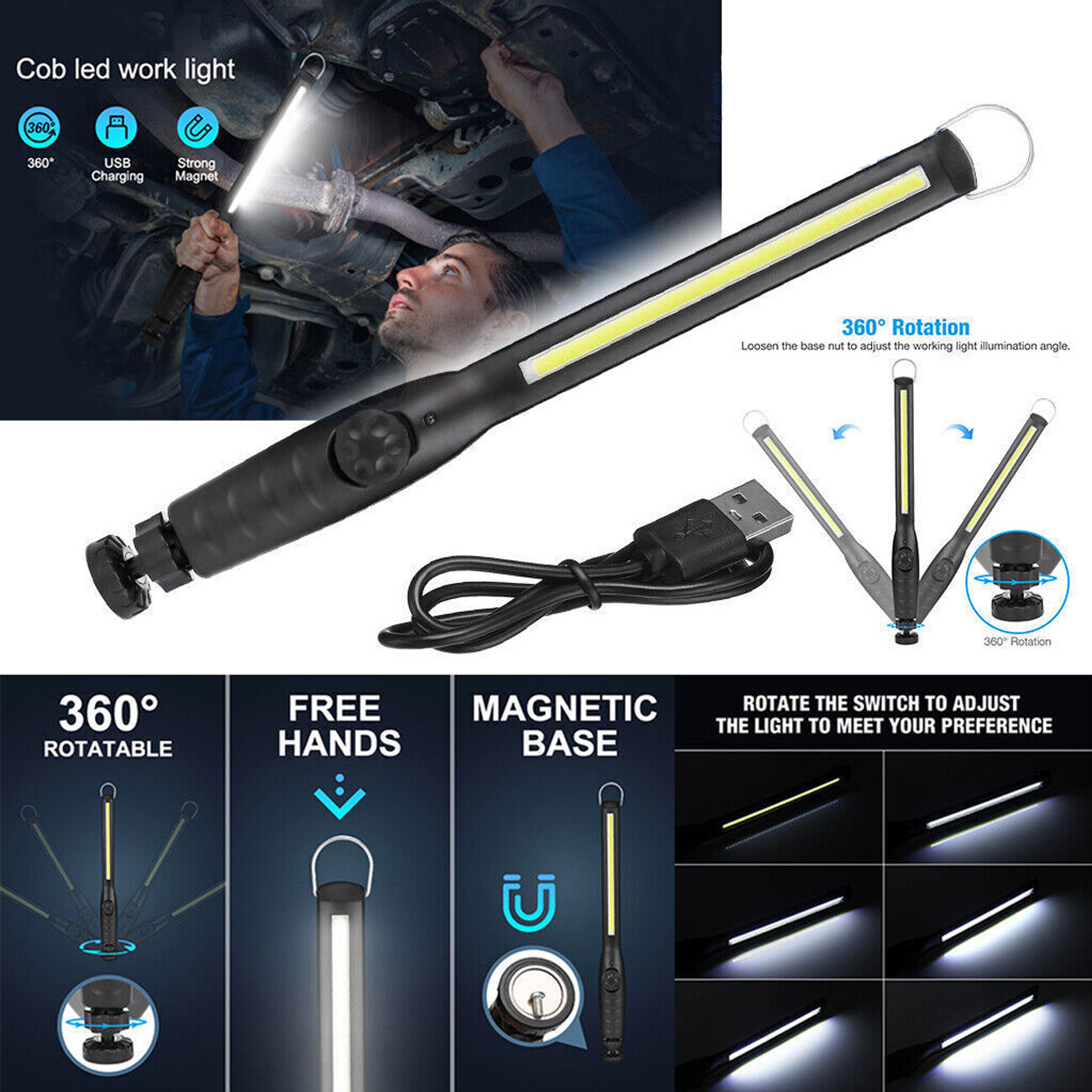 2pcs Rechargeable LED Slim Work Light Mechanic Flashlight Lamp Bar Camping Torch