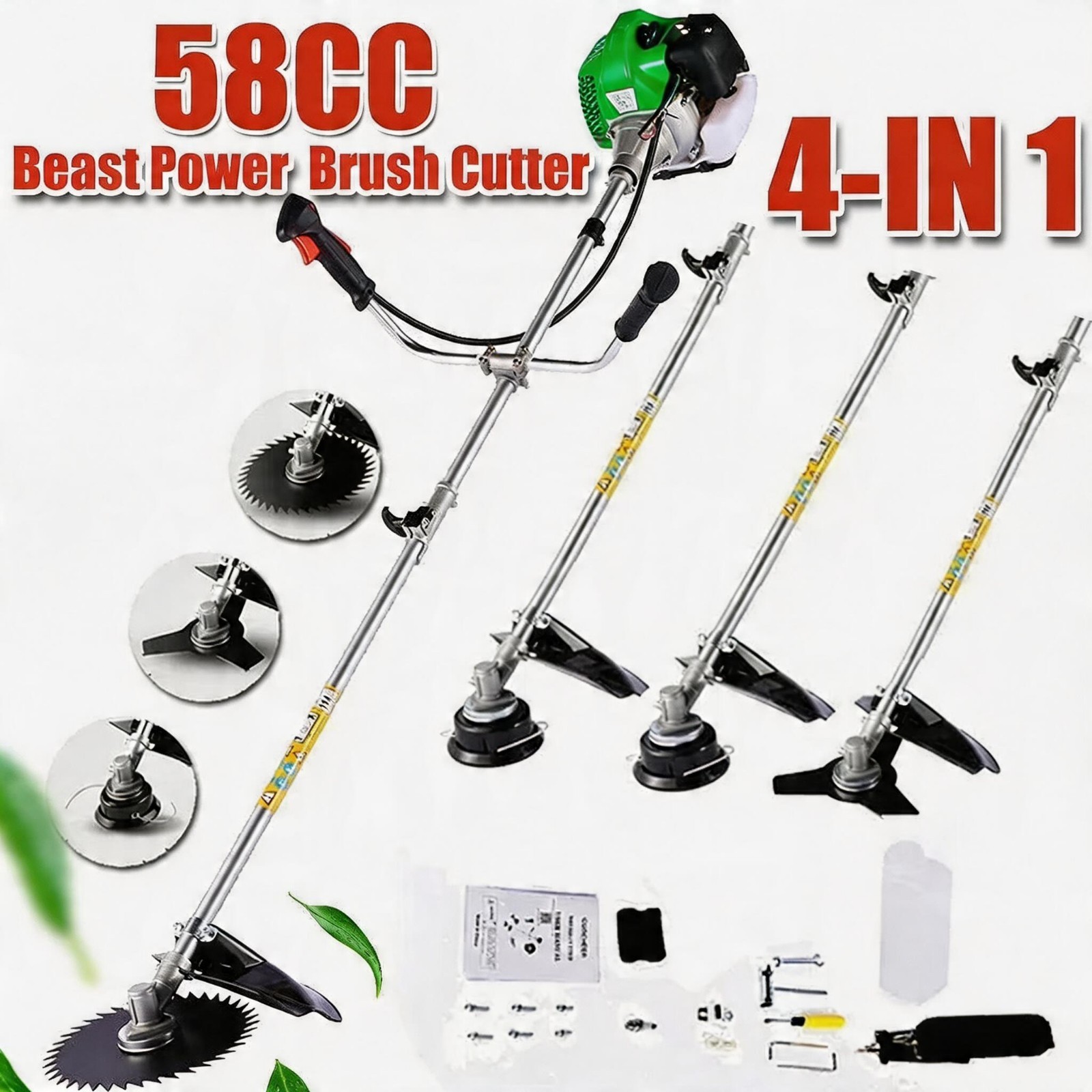 58CC 4 in 1 2 Brush Cutter Gas Powered Weed Wacker Straight Shaft String Trimmer