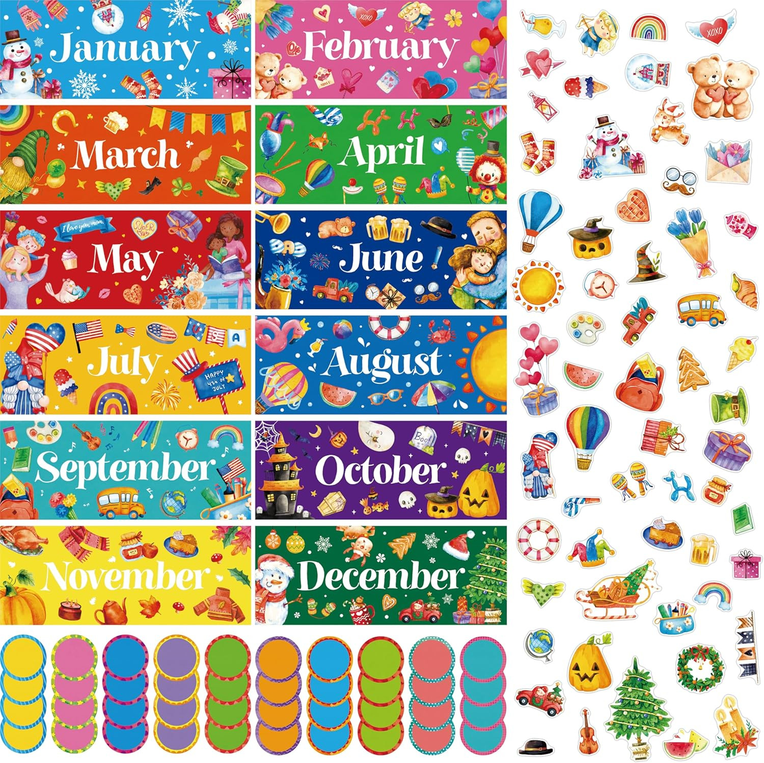 112 PCS Holiday Monthly Headliners, 12 Months of The Year Bulletin Board Decors