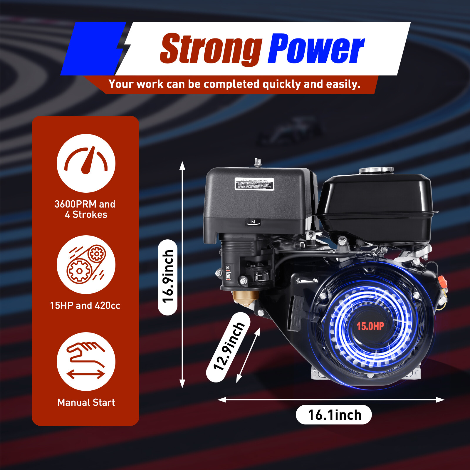 4-Stroke 420cc 15HP OHV Horizontal Shaft Gas Engine Recoil Start Go Kart Motor