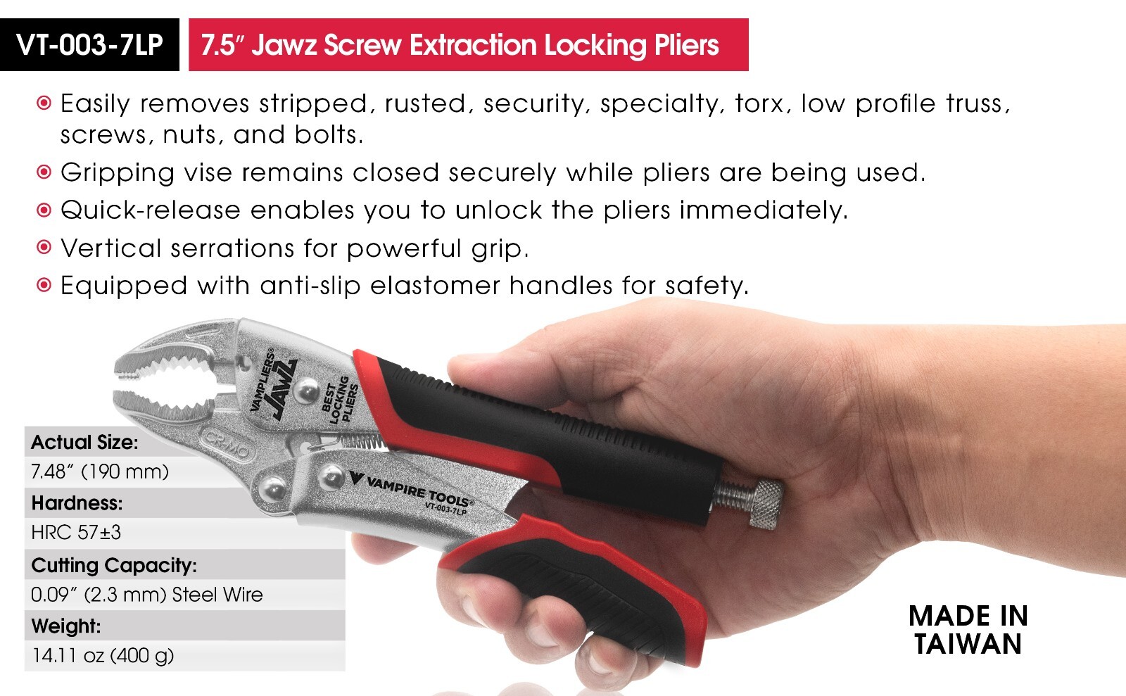 VT-003-7LP – VamPLIERS JAWZ 7.5″ Screw Extractor Locking Pliers – Serrated Jaws
