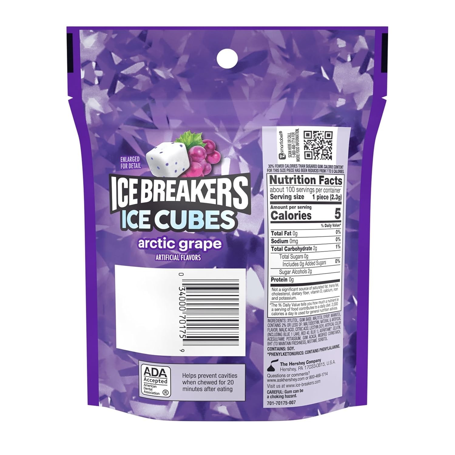 Ice Breakers Ice Cubes Arctic Grape Sugar Free Gum Pouch 100 Pieces 8.11oz