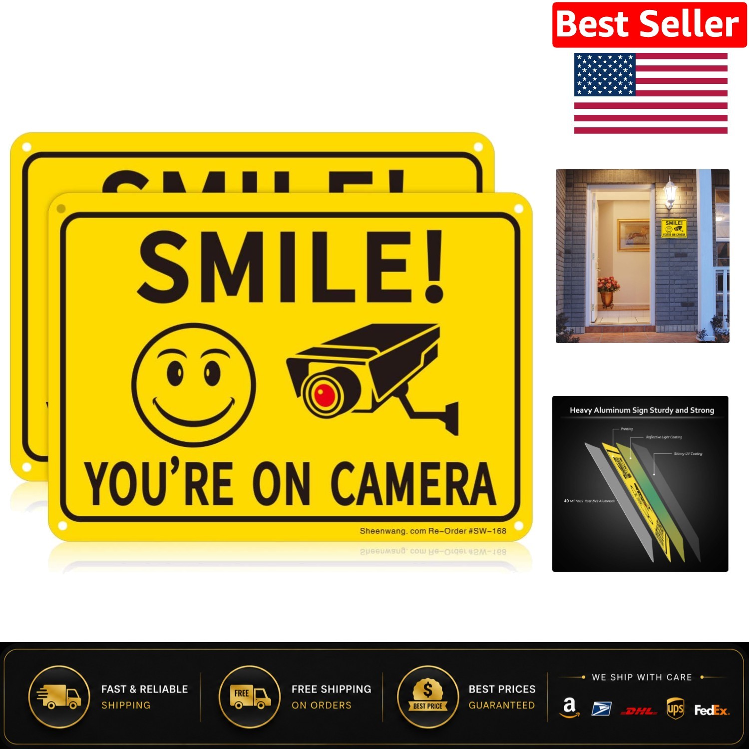 Bright Yellow 10×7 Security Signs – 2-Pack Smiley Face Video Surveillance Alerts