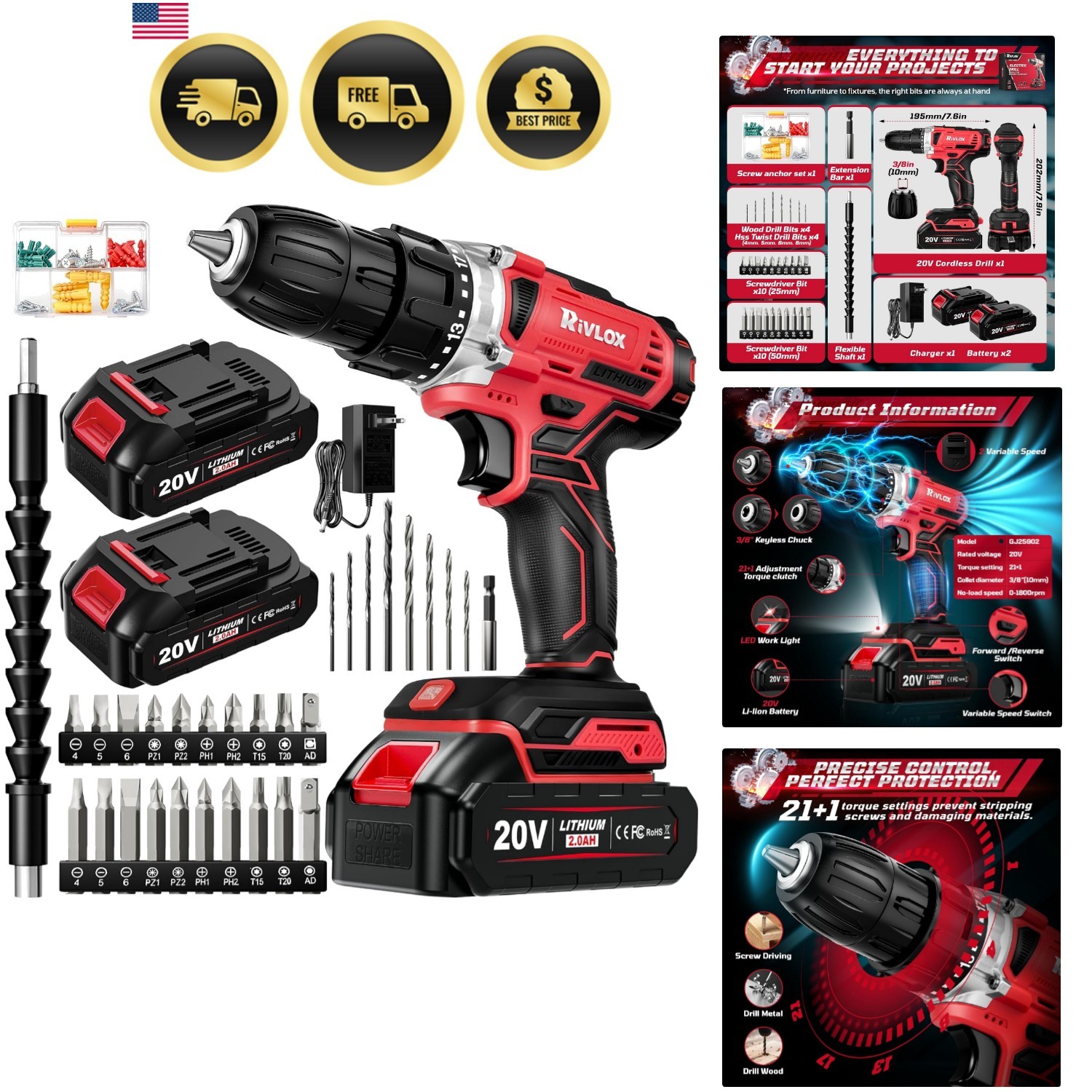 20V Cordless Drill Set,Electric Power Drill Cordless,Power Drill Drivers,Elec…