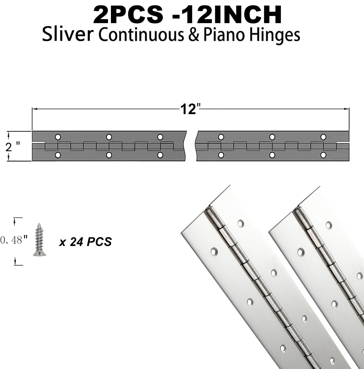 Silver Polished Stainless Steel Piano Continuous Hinges 12×2 Inch 2 PCS