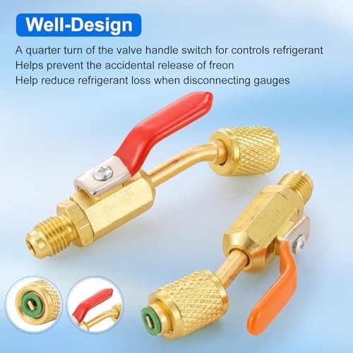 AC Refrigerant Angled Compact Ball Valve Set, 4 Ball Valve + 6PC R410A Adapter