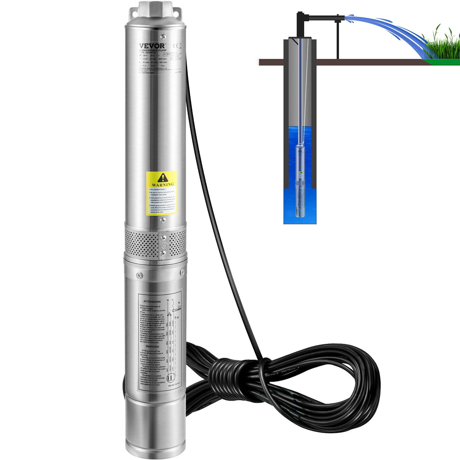VEVOR Deep Well Submersible Pump Stainless Steel Water Pump 2HP 230V 37GPM 427ft