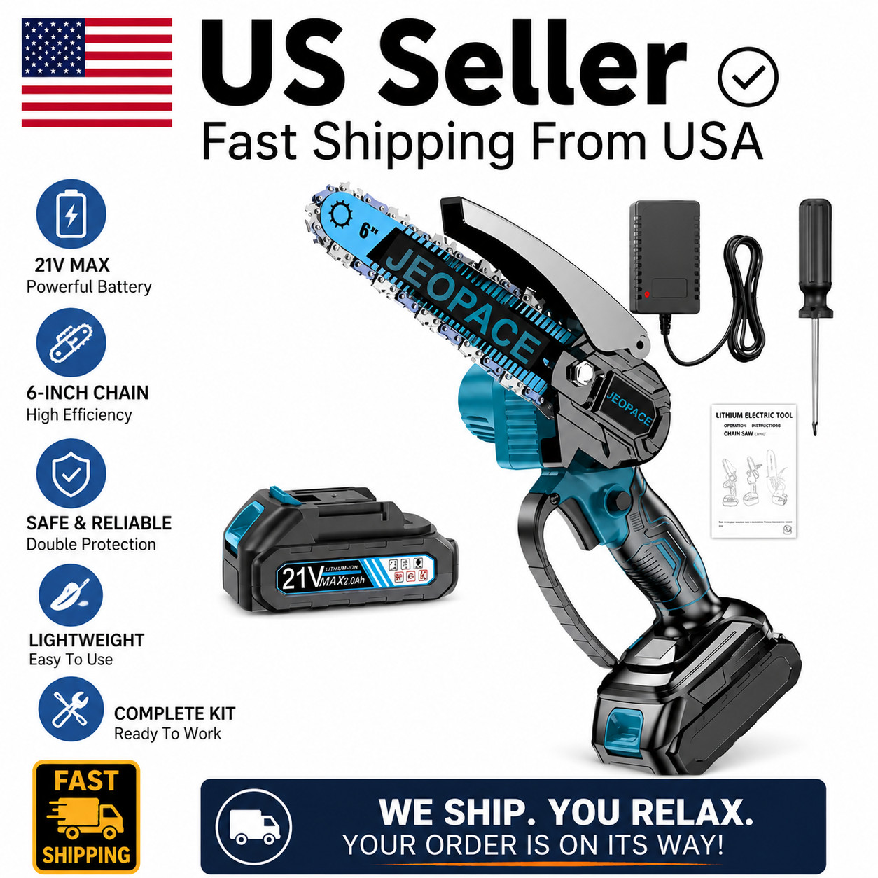 US Stock 6 Inch Cordless Mini Chainsaw Battery Powered Pruning Saw 21V Kit