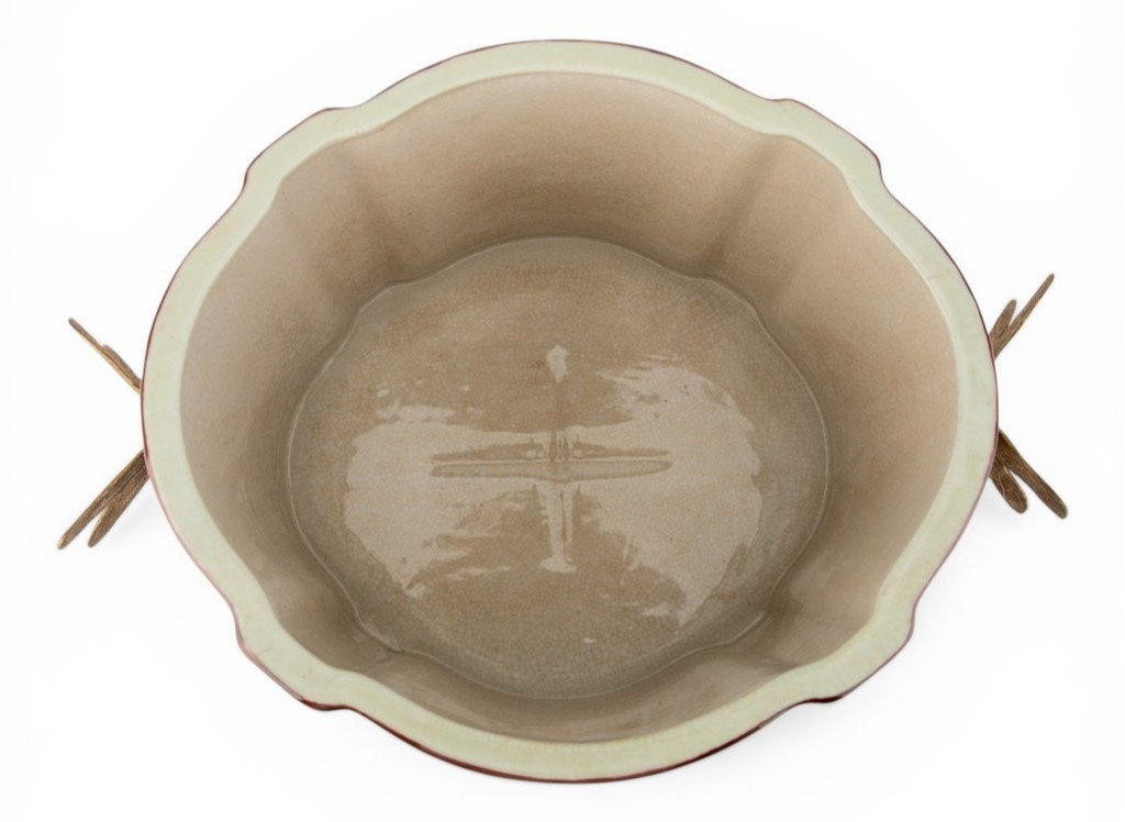 Porcelain Oval Planter with Ormolu Dragonfly Handles-Floral Vine-14” x 8”H