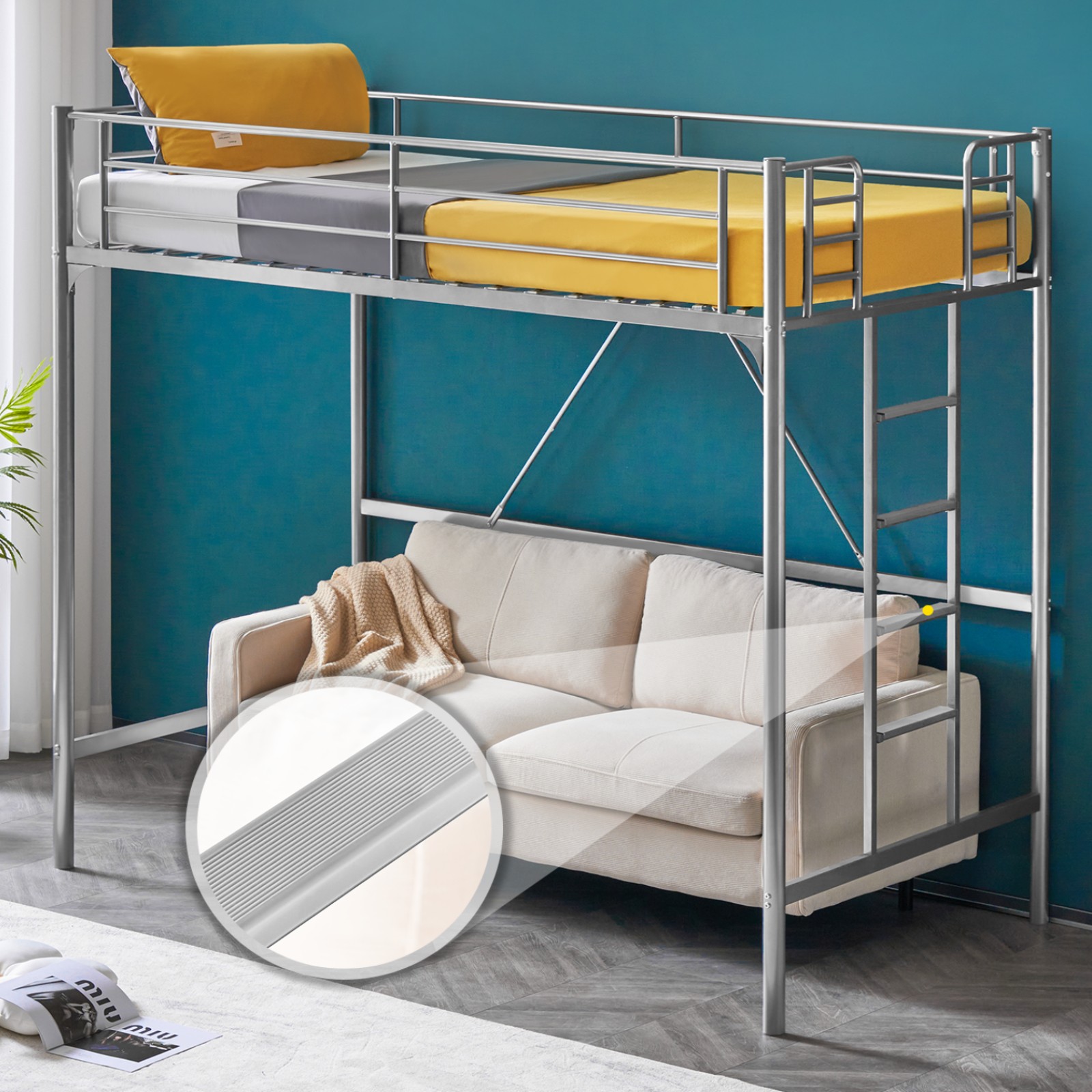Loft Bed Twin Size with Flat Ladder Rung for Kids Teens Adults Heavy Duty Metal
