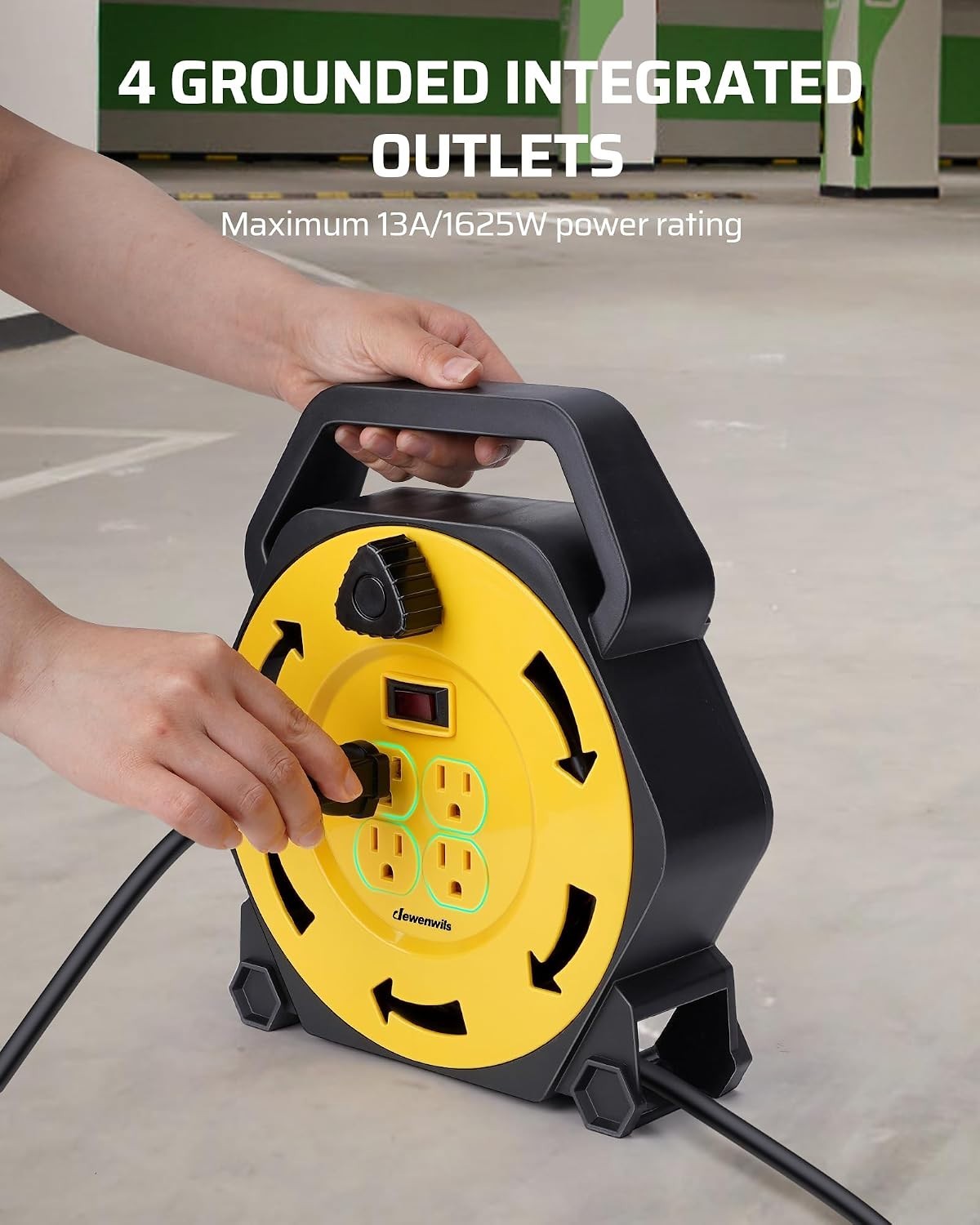 25FT Retractable Extension Cord Reel with 4 Grounded Outlets – Portable & Safe