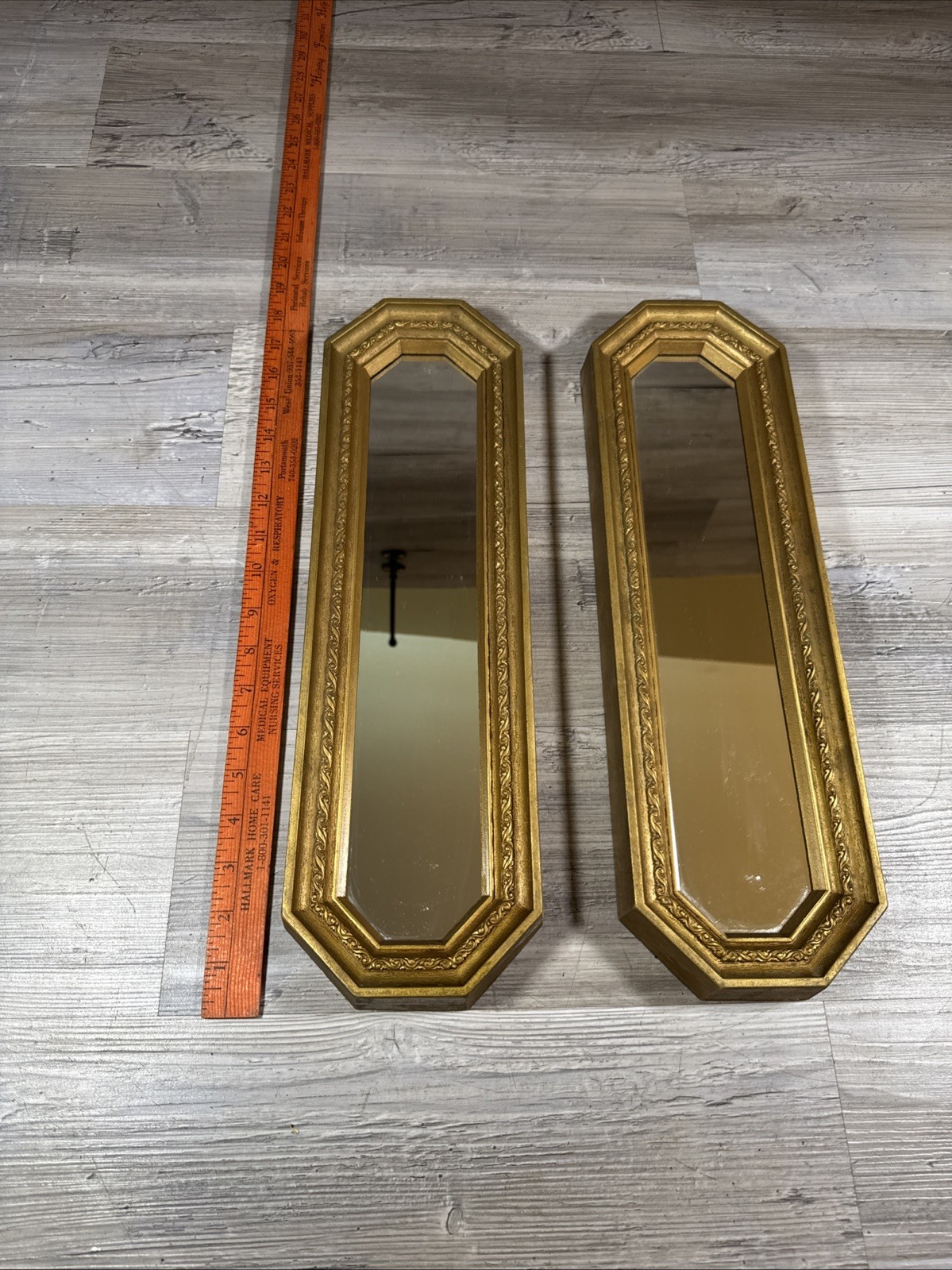 Pair Homco Octagon Mirror Gold Accent Plastic Hollywood Regency MCM 17.5 x 5.25