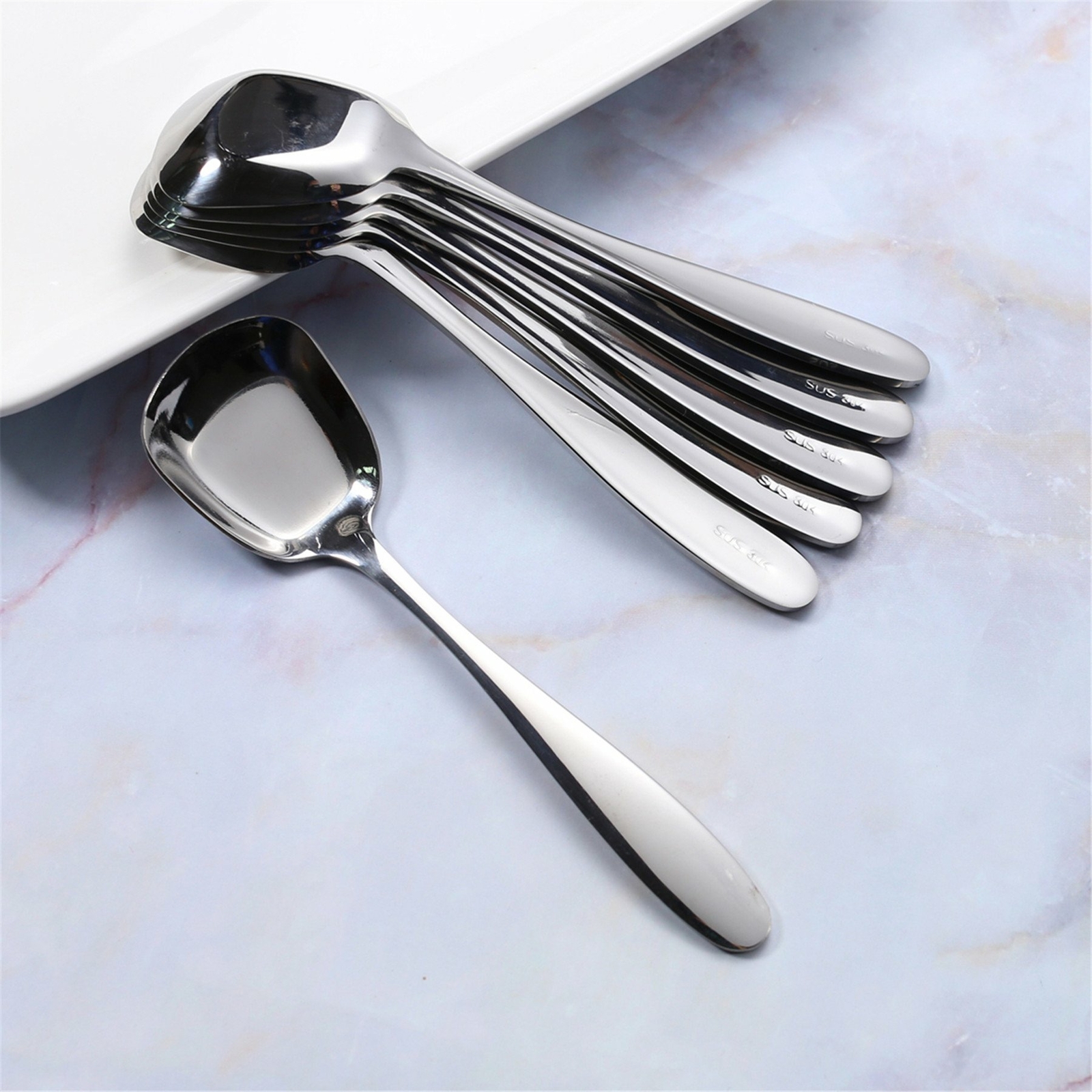 6pcs Stainless Steel Square Soup Spoon Dinner Spoon Flat Spoon Flatware 6 inches