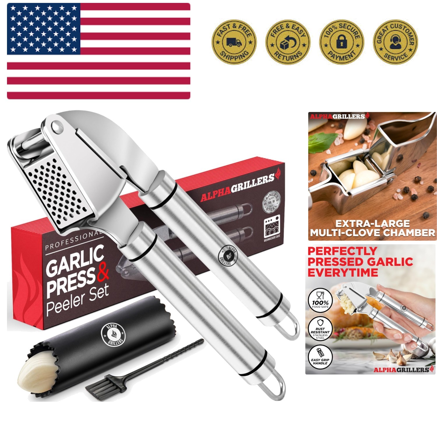 Garlic Press Stainless Steel – Easy to Clean, Rust-Proof, Dishwasher Safe – S…
