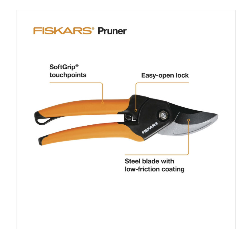 Fiskars 5/8 inch Bypass Pruner Garden Tool with Steel Blade and Soft Grip Handle