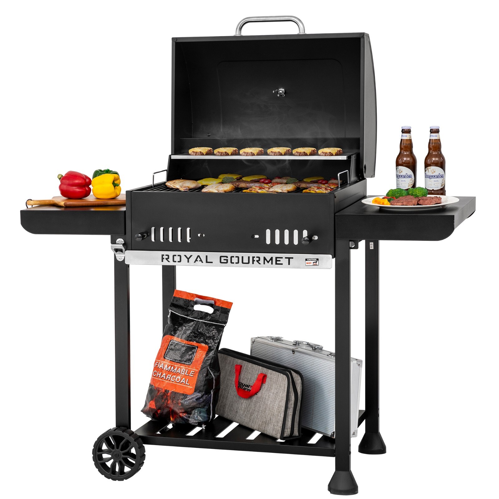 Royal Gourmet 24-Inch Movable Charcoal BBQ Grill with 2 Foldable Side Shelves