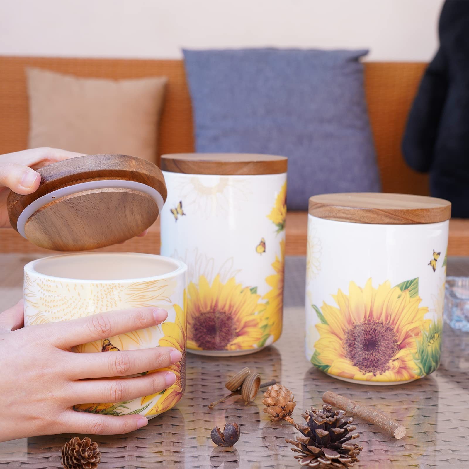 Ceramic Canister Set for Kitchen – Sunflower Design, Tea Coffee Sugar Storage, 3