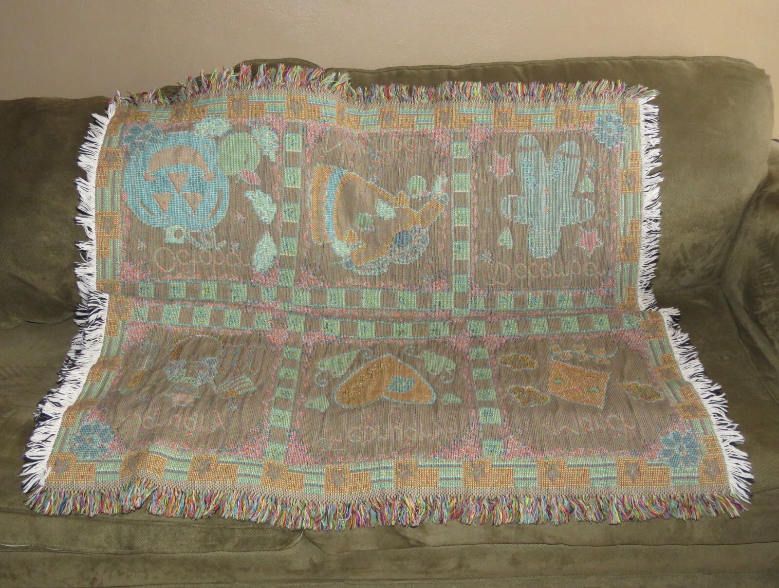 Tapestry Throw Afghan Blanket AMERICANA 12 Months Calendar Seasons VINTAGE