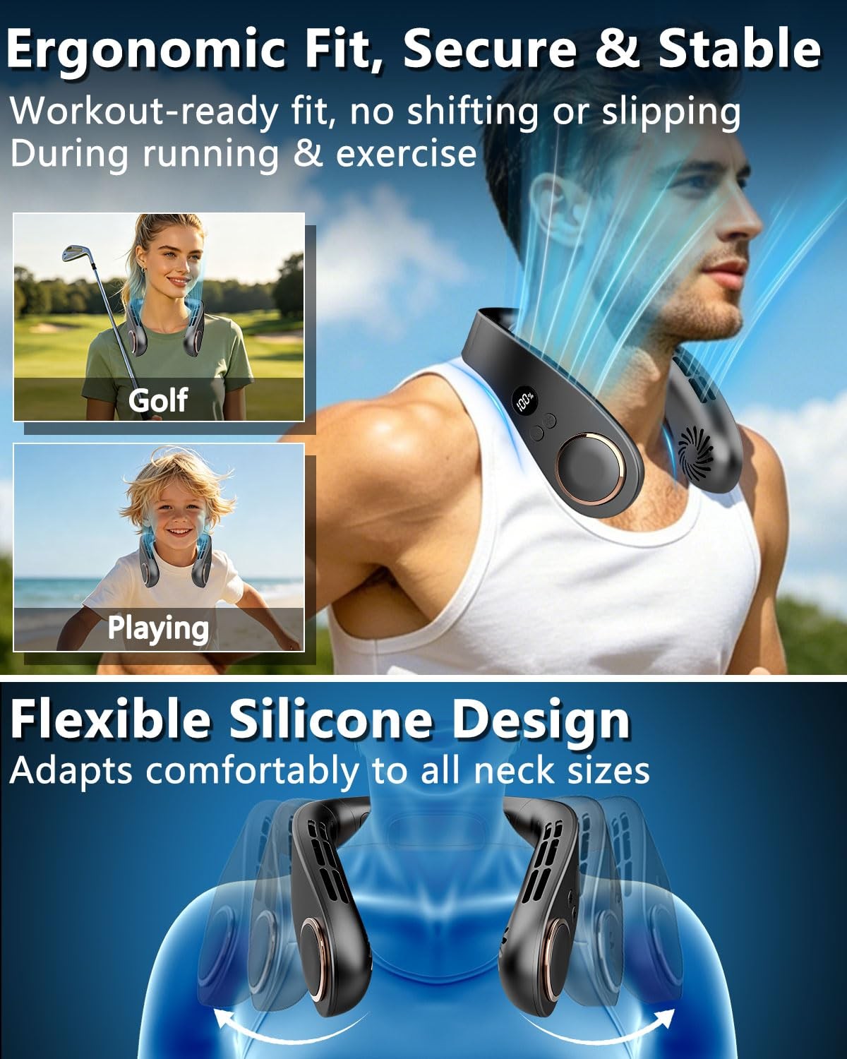 Neck Fan with Cooling Plate, Quiet 30dB, 3-24Hrs Cooling,5500mAh Battery,LED …