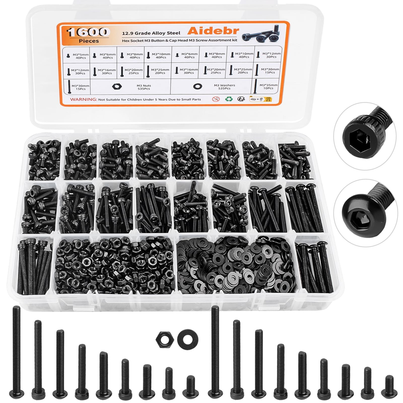 M2 M3 M4 M5 Hex Socket/Button Head Cap Screws Bolts Nuts Washers Assortment Kit