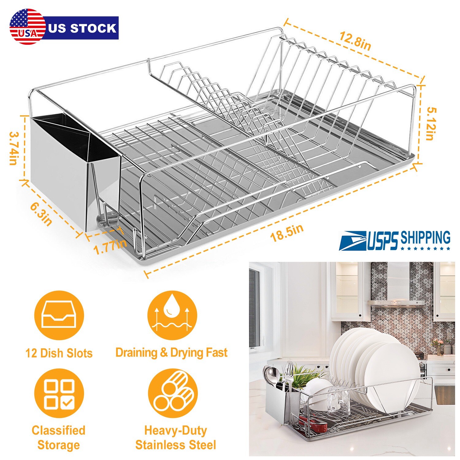 Kitchen Over Sink Dish Drying Rack Stainless Steel Drainer Holder w/ Drainboard