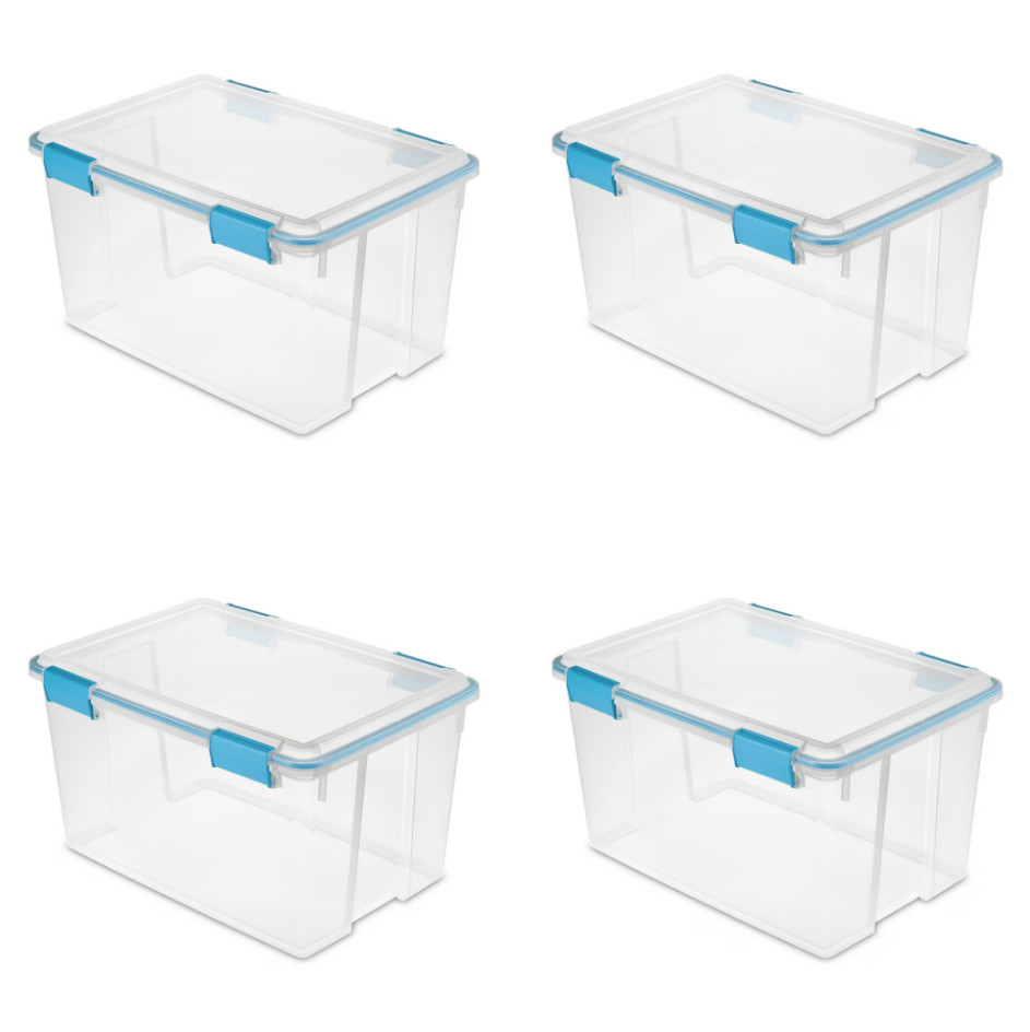 Sterilite 54 Quart Gasket Box, Stackable Storage Bin with Latching Lid, 4 Pack