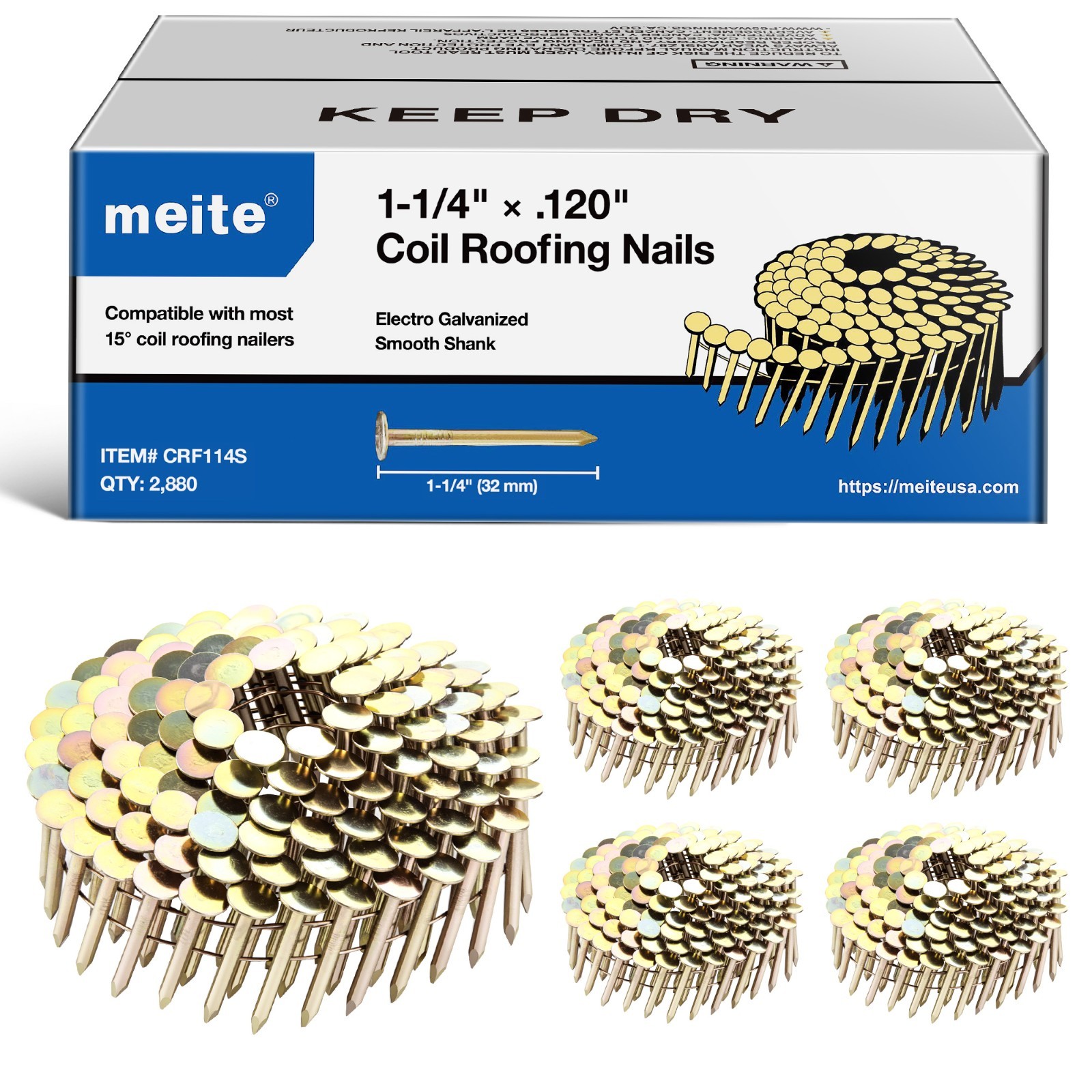 2,880 Counts meite 15 Degree Coil Roofing Nails 1″ to 1-3/4″ Length Round Head
