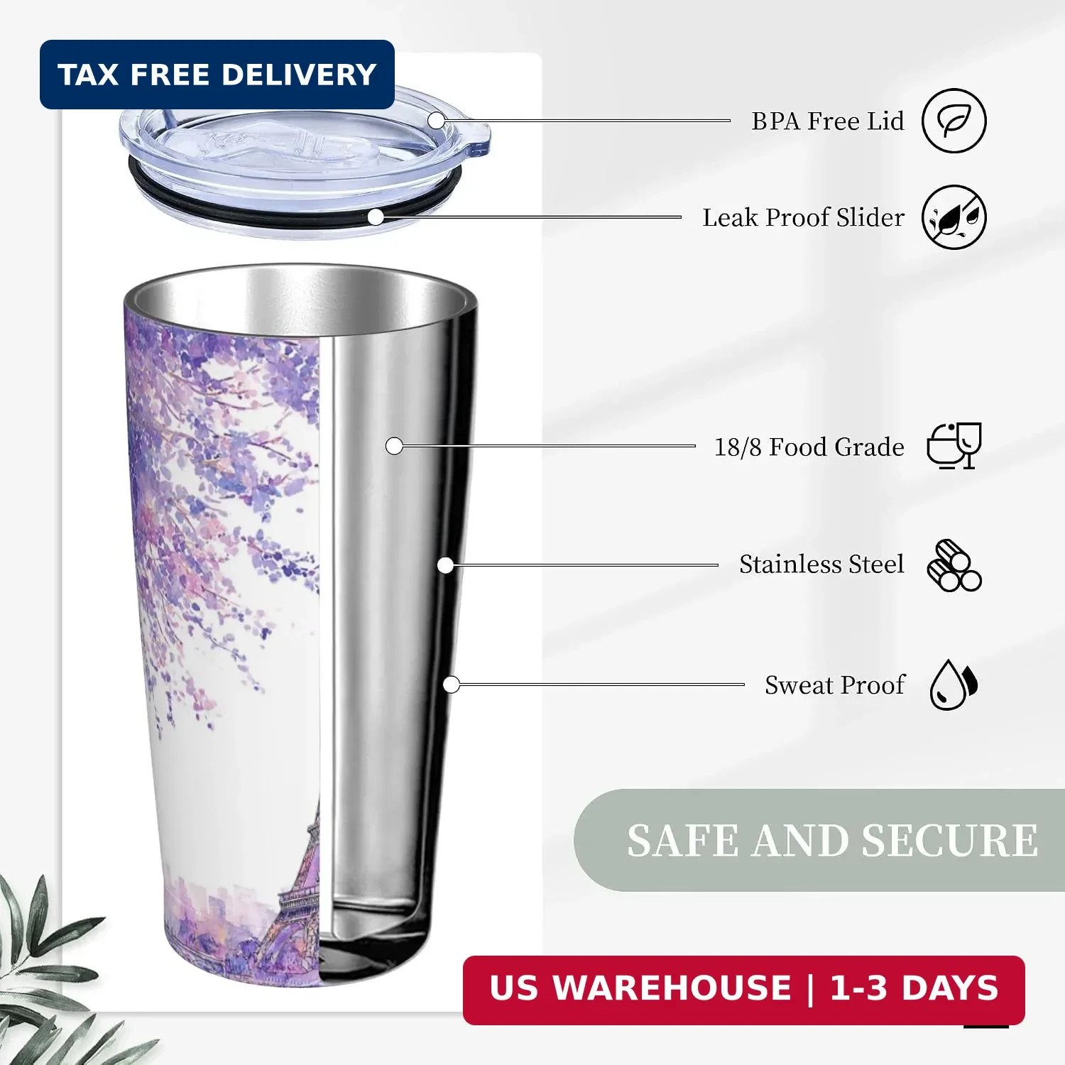 Paris Eiffel Tower Tumbler with Lid and Straw 20 oz Stainless Steel Cup Vacuum I