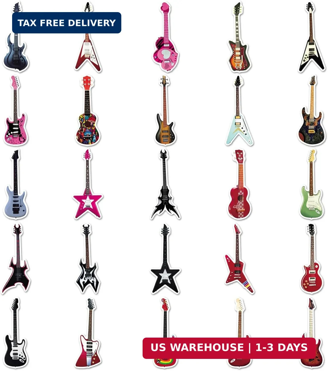 50Pcs Guitar Stickers, Cool Electric Guitar Bass Stickers for Kids Teens Adults,