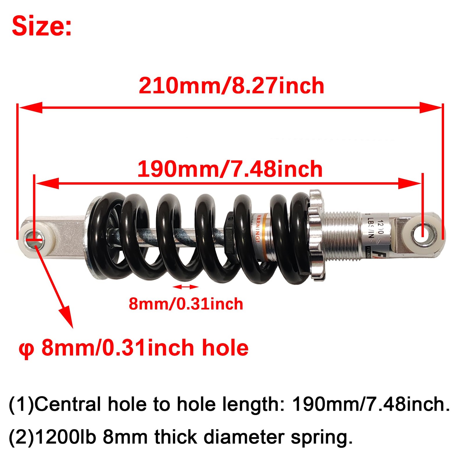 Universal Rear Shock Absorber,190Mm/7.48Inch 1200LBS Suspension Spring Shocks Fi