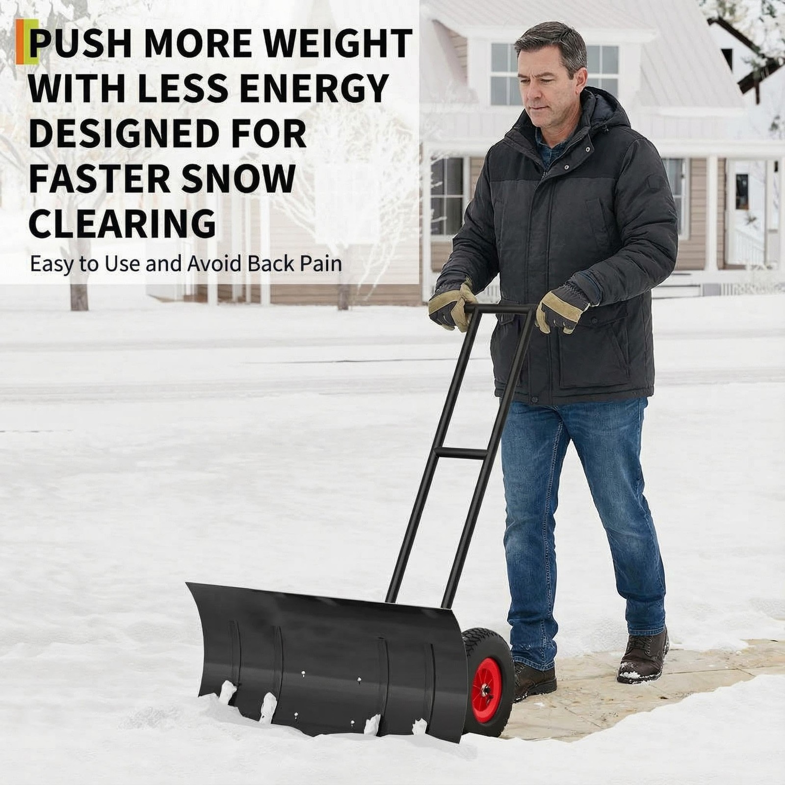 40″ Heavy-Duty Wheeled Snow Shovel with Handle & Blade – Angled Snow Pusher