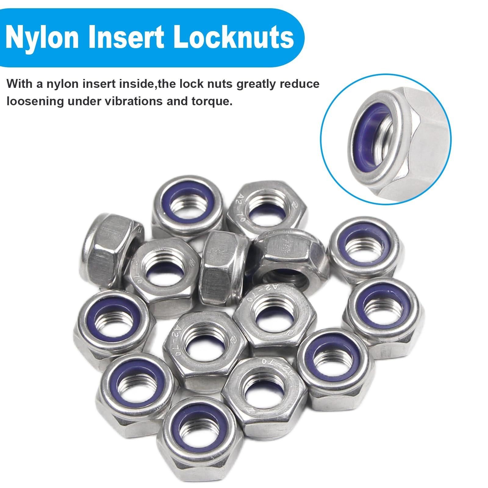 100PCS M6 Locknuts M6x1.0mm Nylon Insert Hex Lock Nuts 304 Stainless Steel Me…