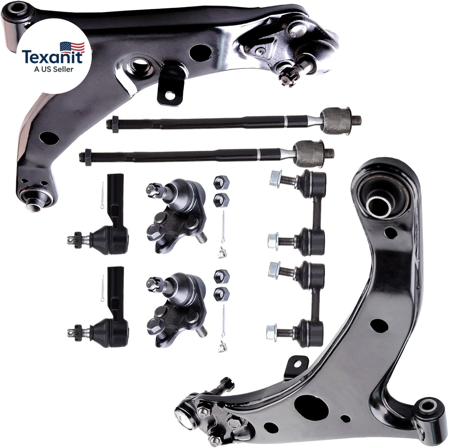 10Pcs Front Suspension Kit Lower Control Arm Inner Outer Tie Rod End Sway Bar En