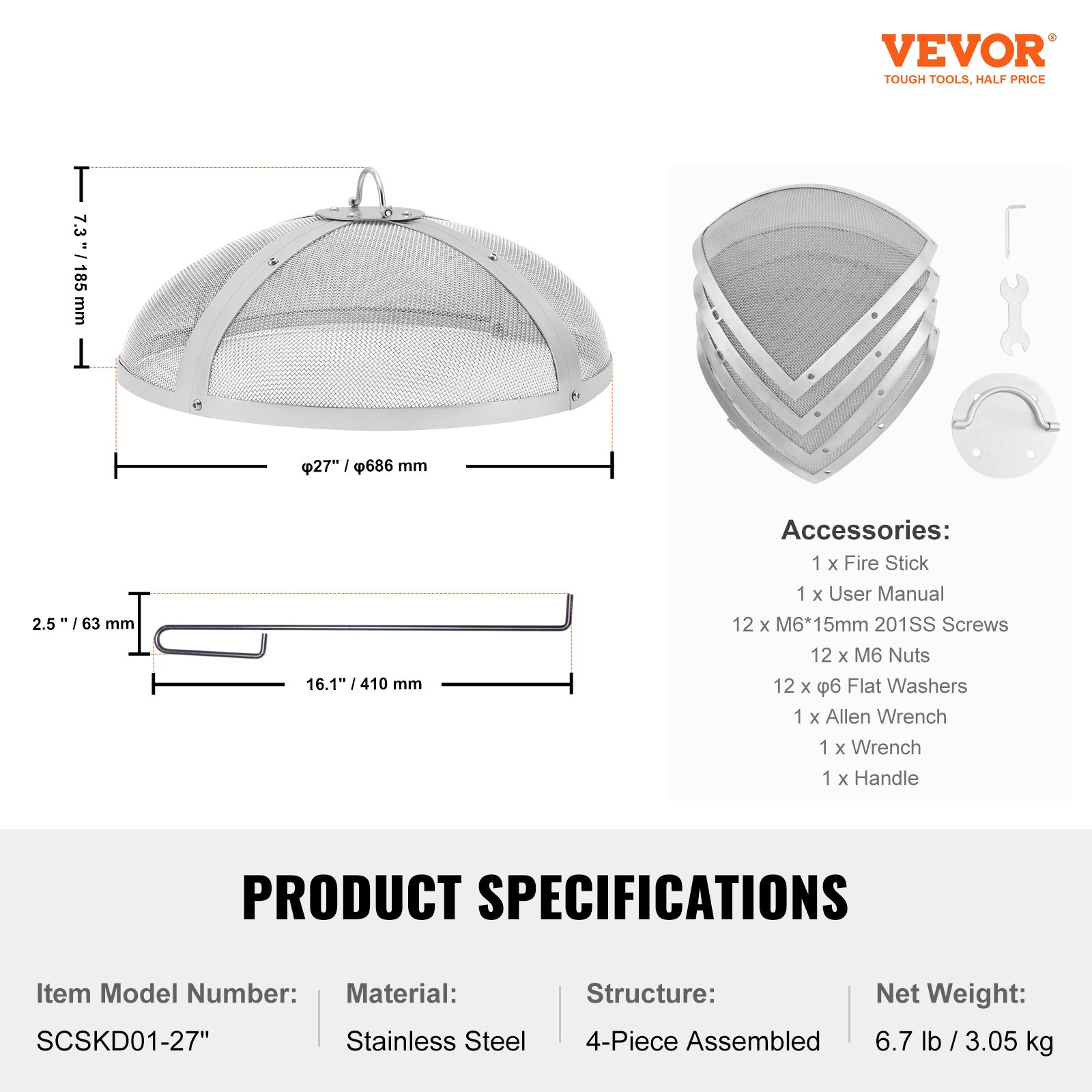 VEVOR 27″ Round Fire Pit Spark Screen Cover Lid Stainless Steel Wood Burning