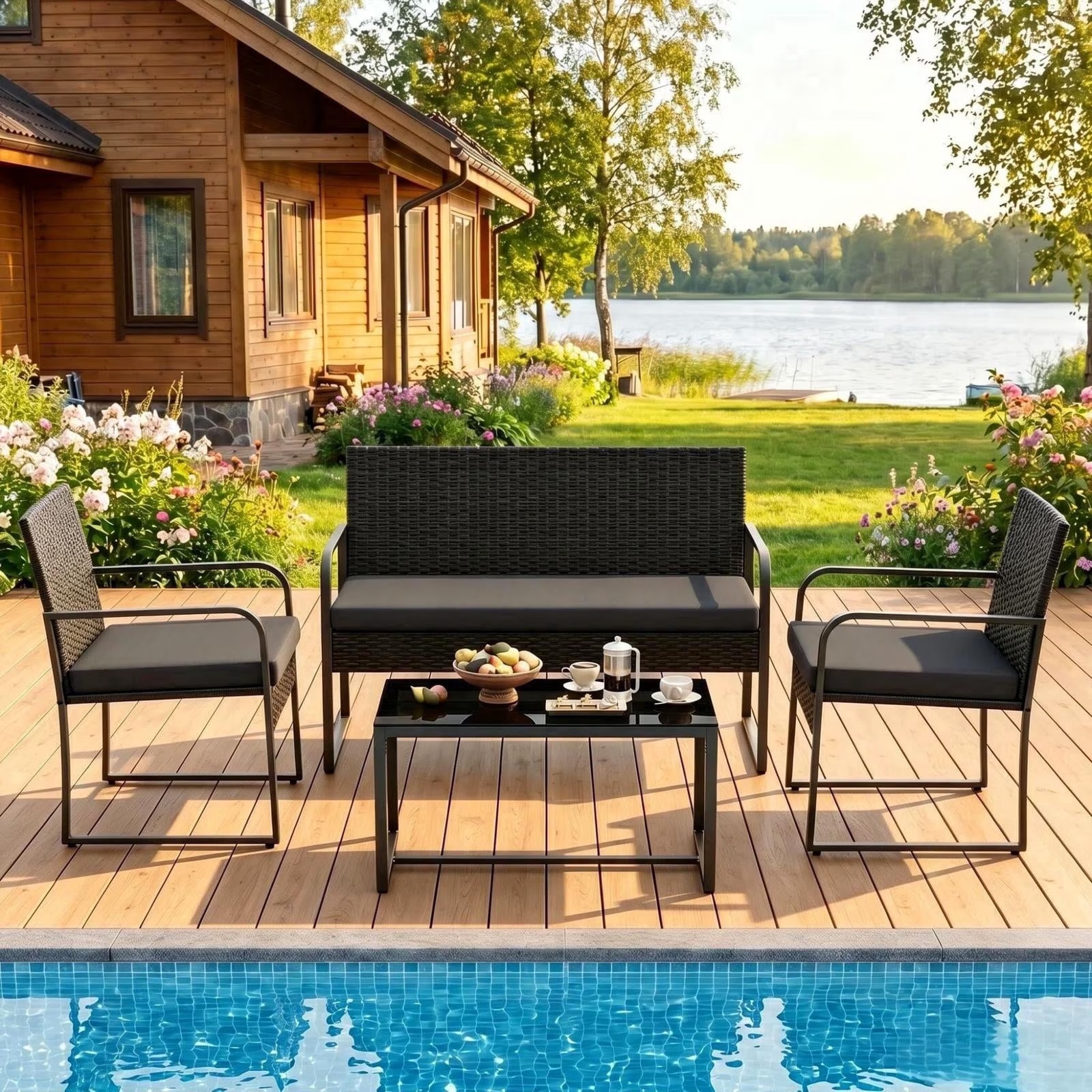 Patio Furniture Set, Outdoor All-Weather Conversation Set for 4 with Wicker Chai