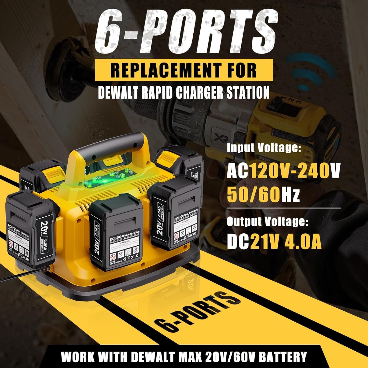 6 Port Simultaneous Charger for Dewalt 20V/60V Batteries DCB104 DCB118 Station