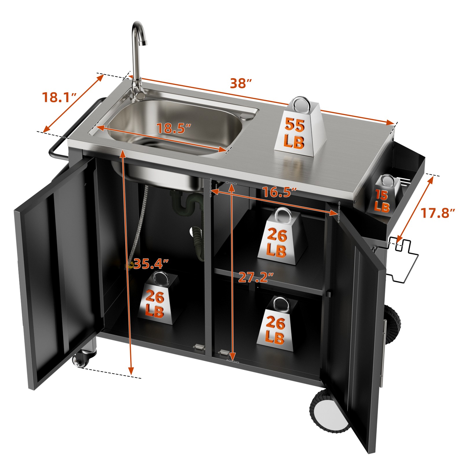 Outdoor Grill Cart Sink Station 304 Stainless Steel Cabinet Wheels 38x18x35in