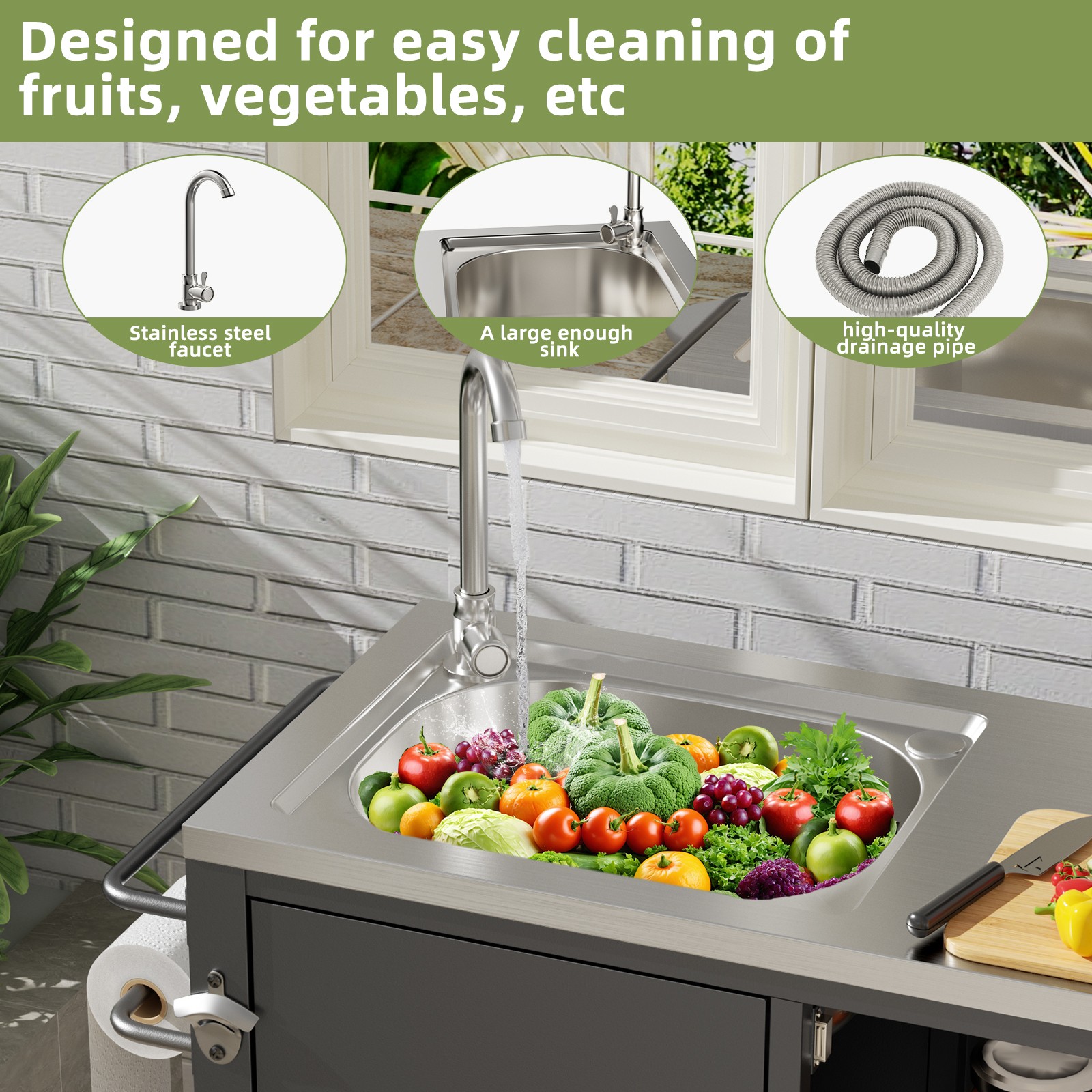 Outdoor Grill Cart Sink Station 304 Stainless Steel Cabinet Wheels 38x18x35in