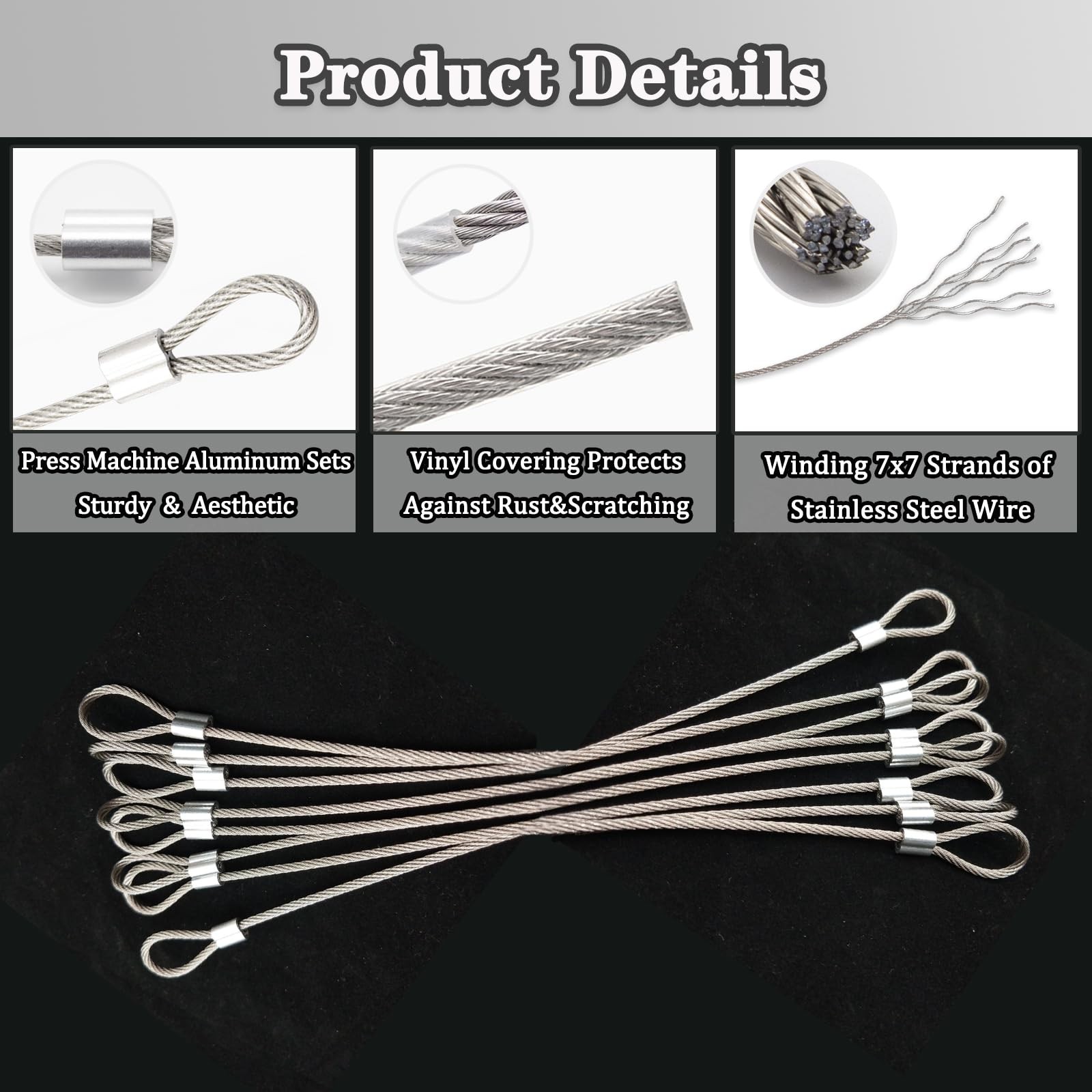 Stainless Steel Cable with Loops, Vinyl Coated Wire Rope 10 PCS, Silver